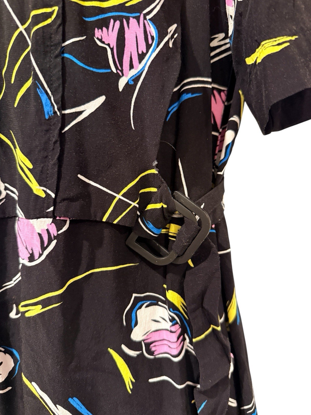Bimba Y Lola Dress S Abstract Floral Midi Black Pink Artsy Belted