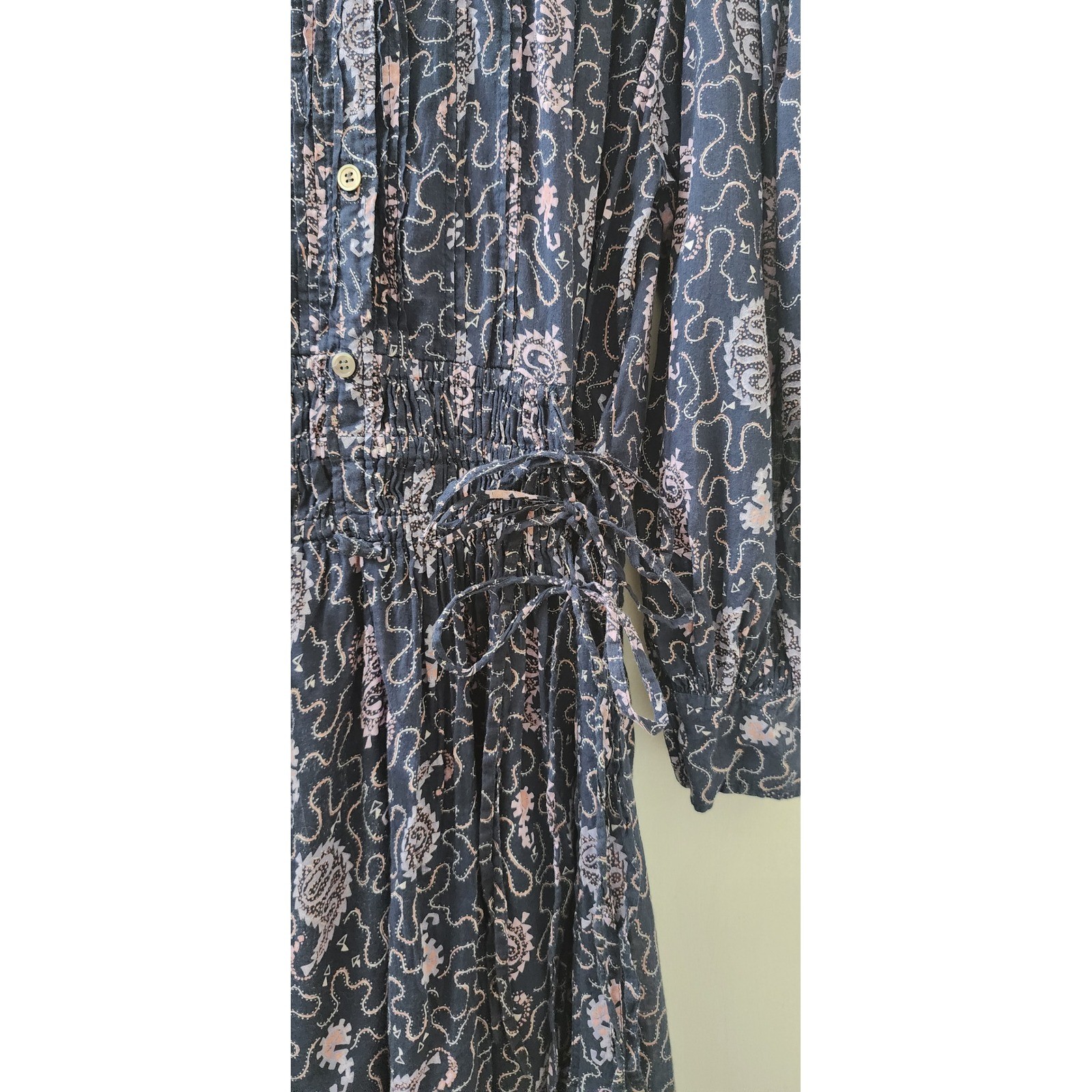 Isabel Marant Etoile Anaco Paisley Cotton Smocked Mini Dress Navy Pink Size 34