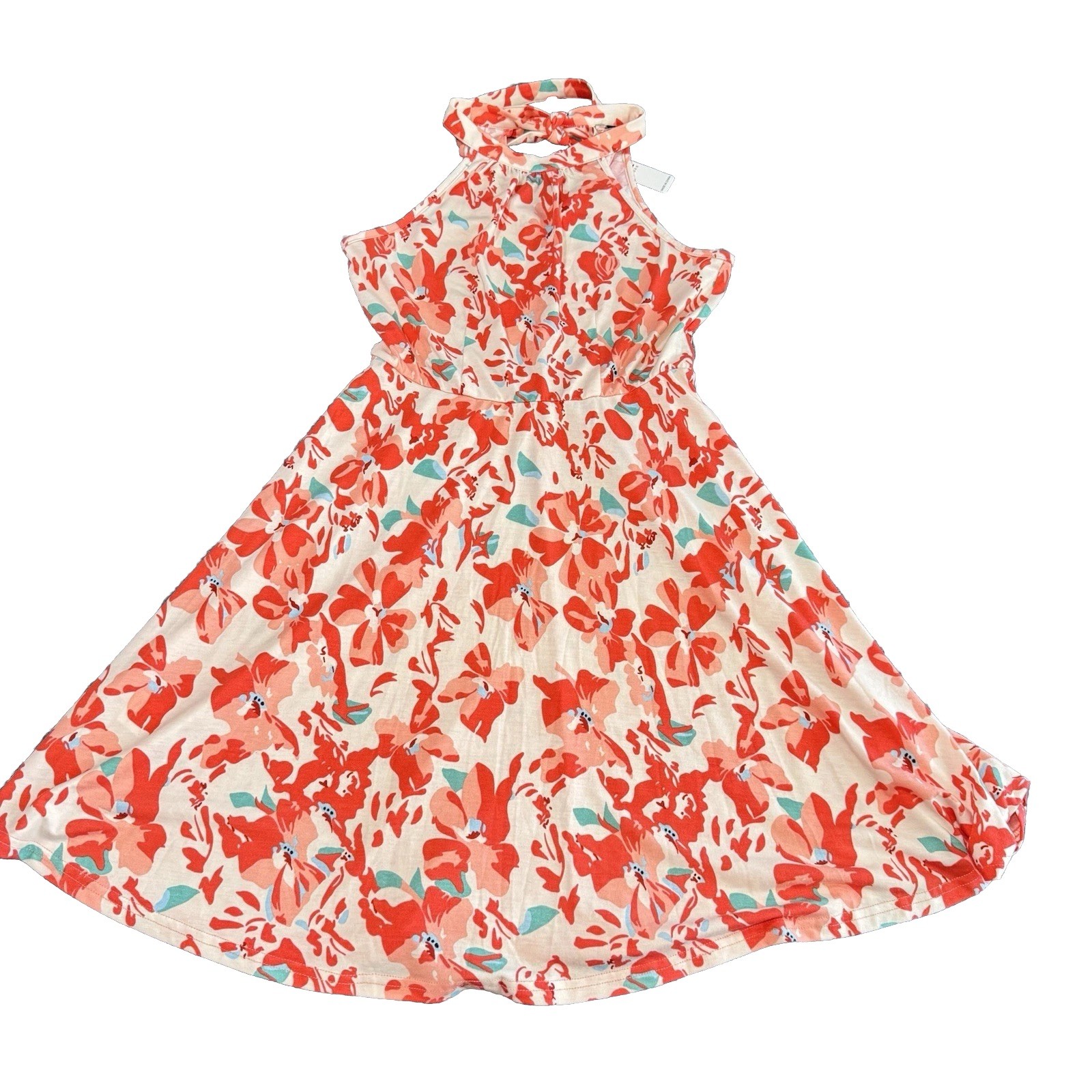 Ouges Sz S Stretch Cot Tie-Neck Floral Flare Dress Women’s Mini Cotton Summer