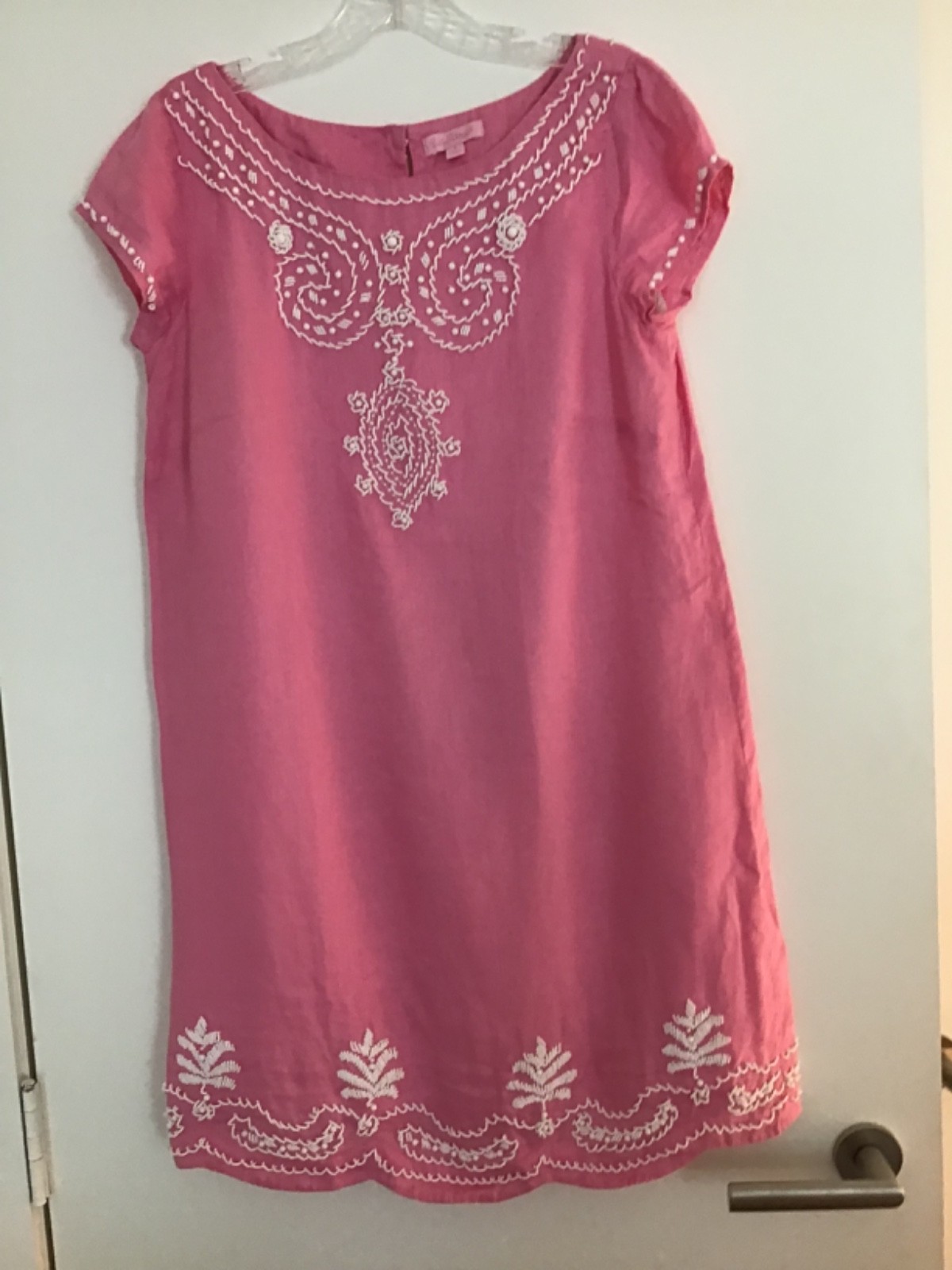 Lilly Pulitzer Rawley Linen Shift Dress Size 6 Pink Beaded White Embroidered