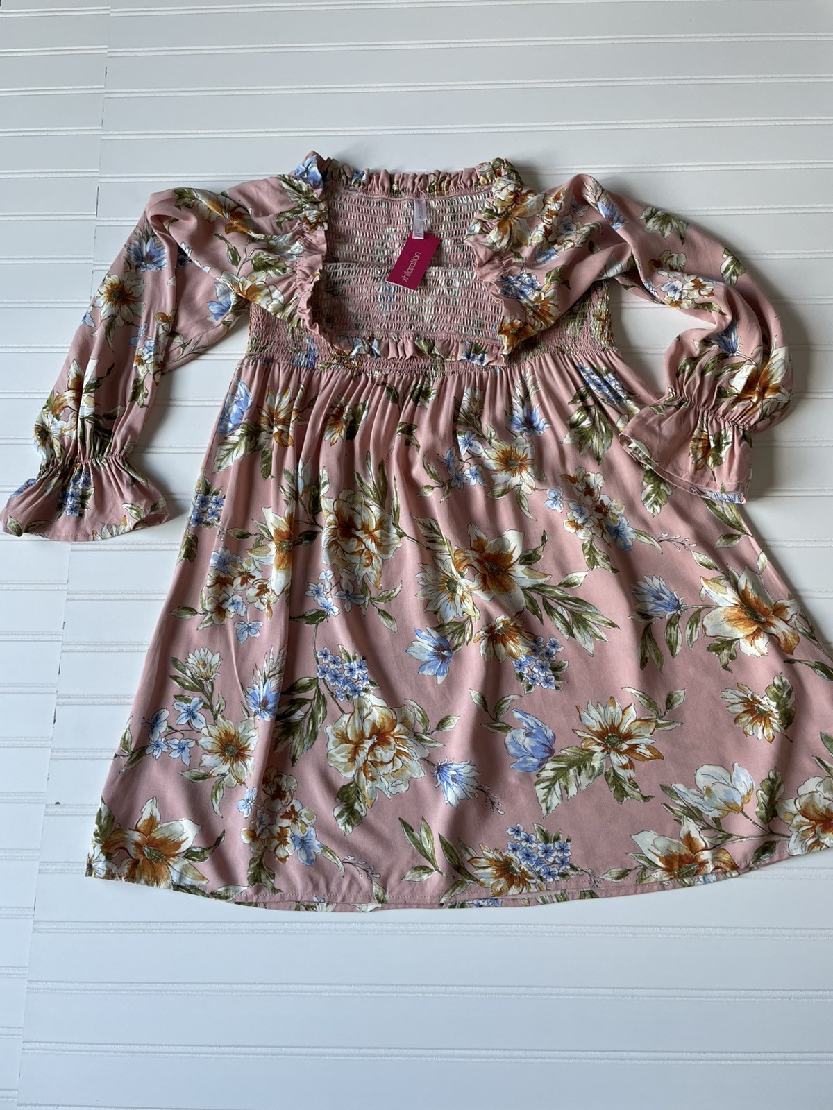 NWT Pink Garden Floral Smocked Sz L Dress Square Neck Long Bell Sleeve Country