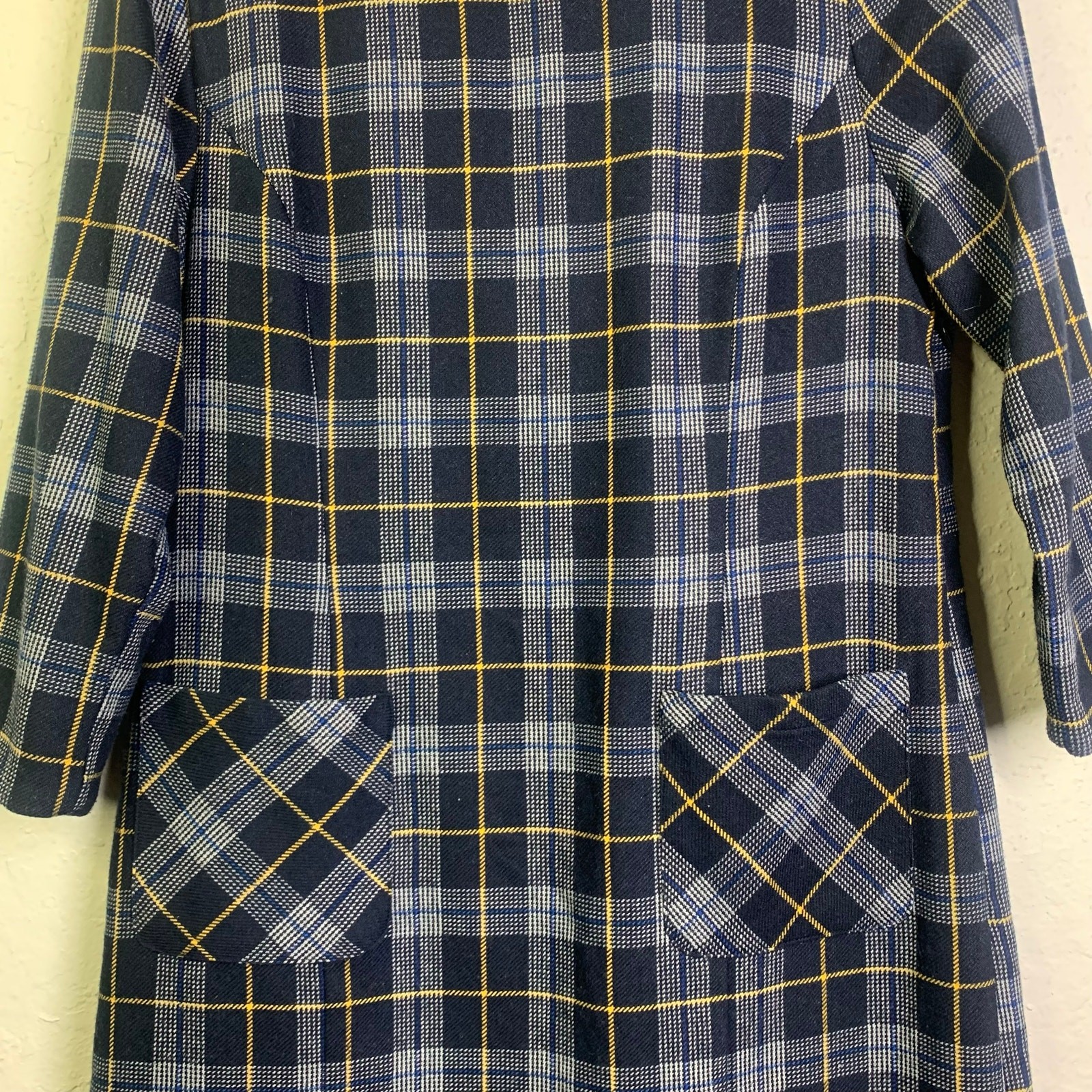 LAURA ASHLEY Dress 8 Shift Plaid Navy Checked Wool Front Pockets Keyhole Closure