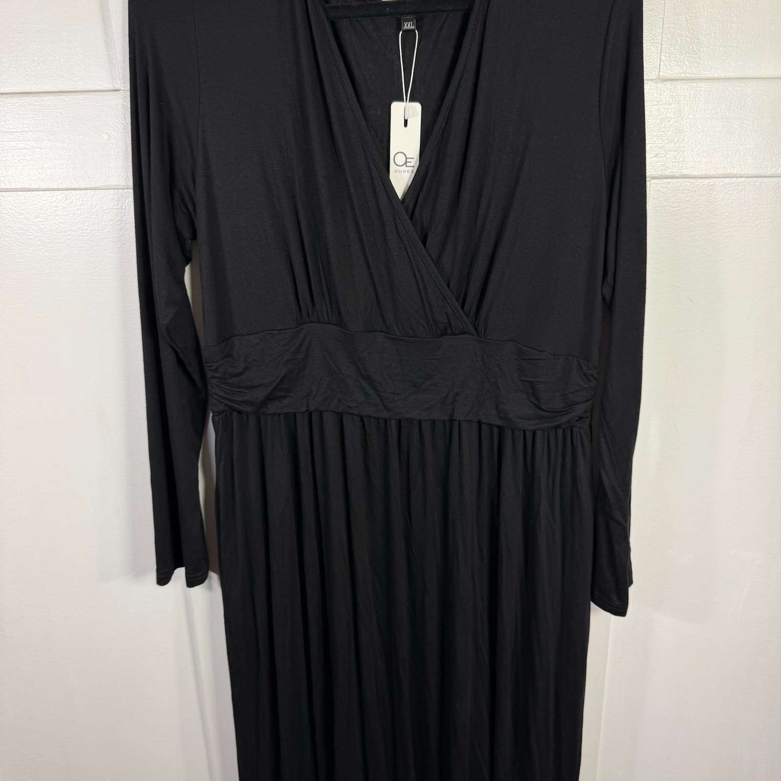 OUGES Womens Black V Neck Faux Wrap Long Sleeve Maxi Dress Plus Size XXL