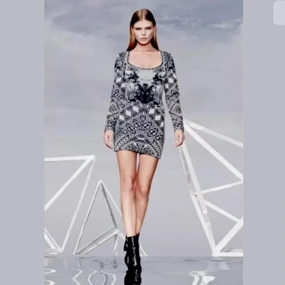 HERVE LEGER Melissa Bandage-jacquard Long-sleeve Mini Dress Sz S Blue #2E505