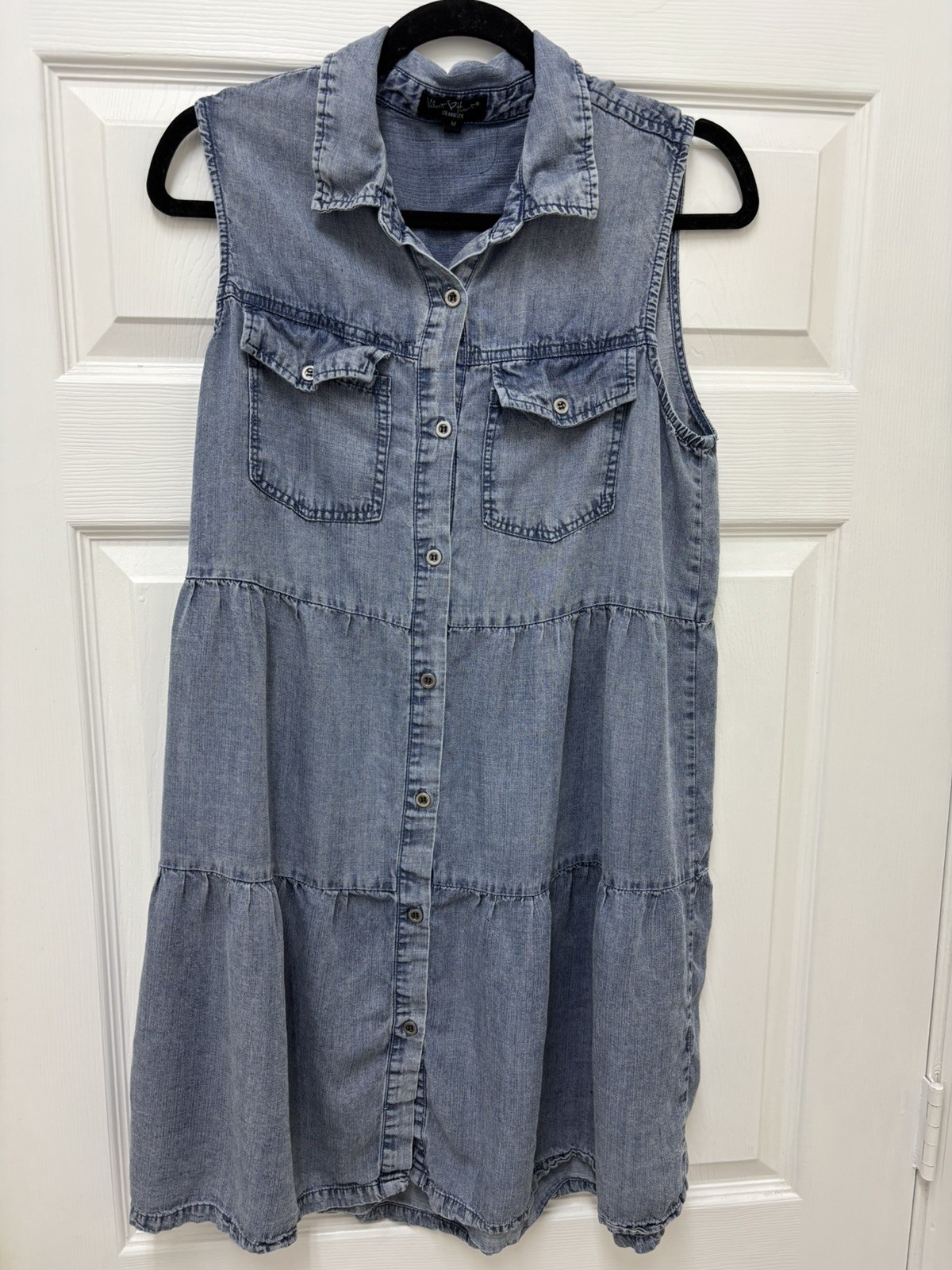 Velvet Heart Sleeveless Denim Look Midi Dress Womens Blue Tiered Ruffle MEDIUM