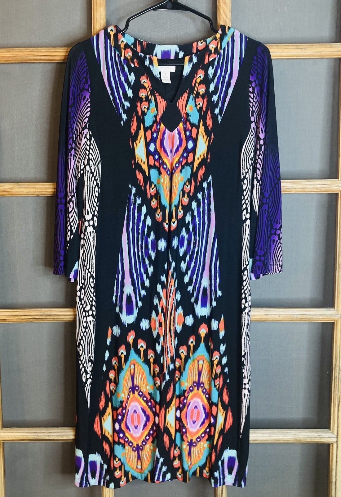 Chico’s Women’s Black Colorful Dress Tunic Size #1 20×38 Polyester Blend