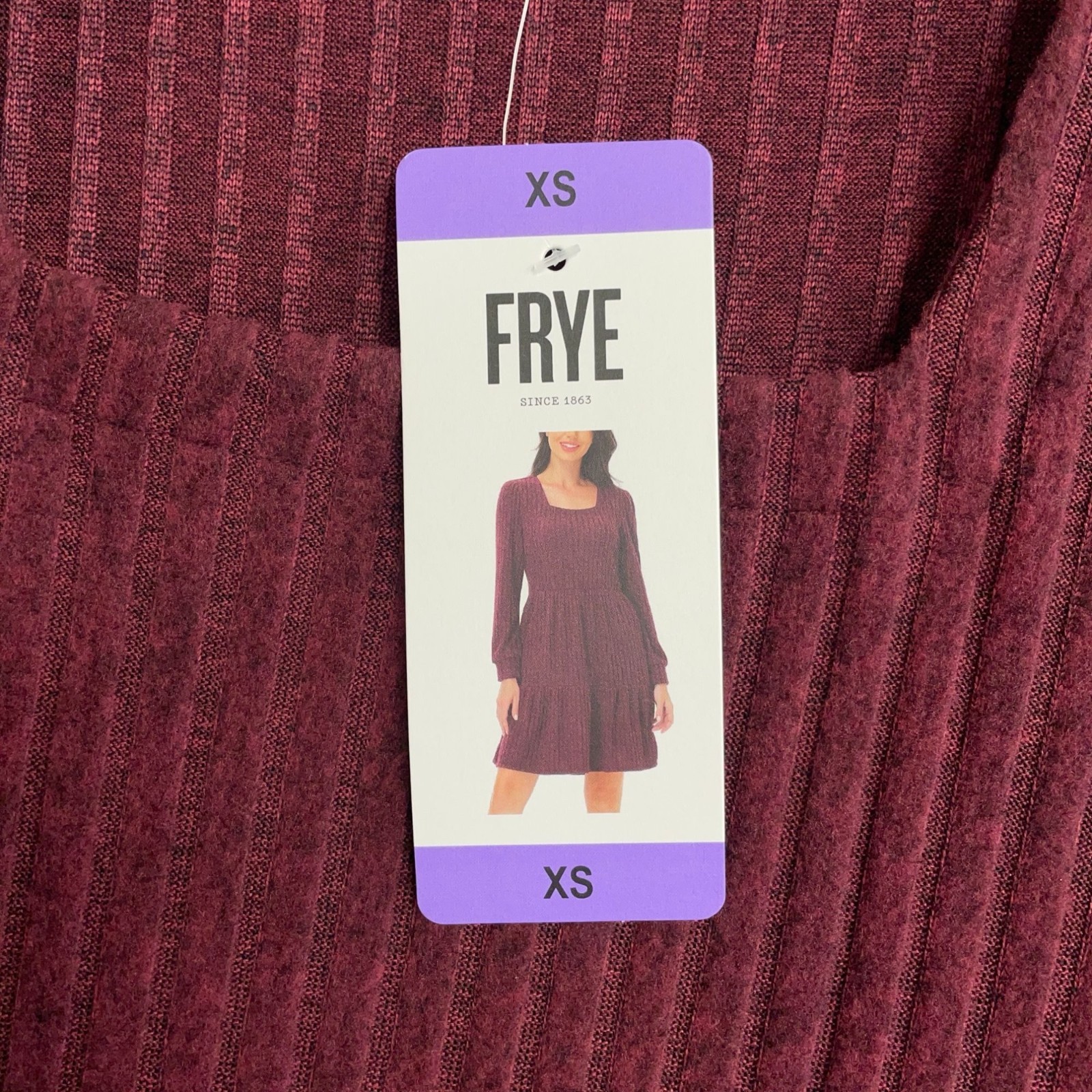 NWT FRYE Women’s XS Ribbed Burgundy Long Sleeve Tiered Sweater Dress J1964
