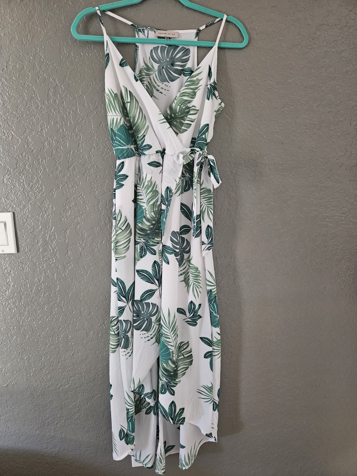 Tropical Palm Leaf Print High Low Faux Wrap Dress Boho Maxi Vacation Resort Med