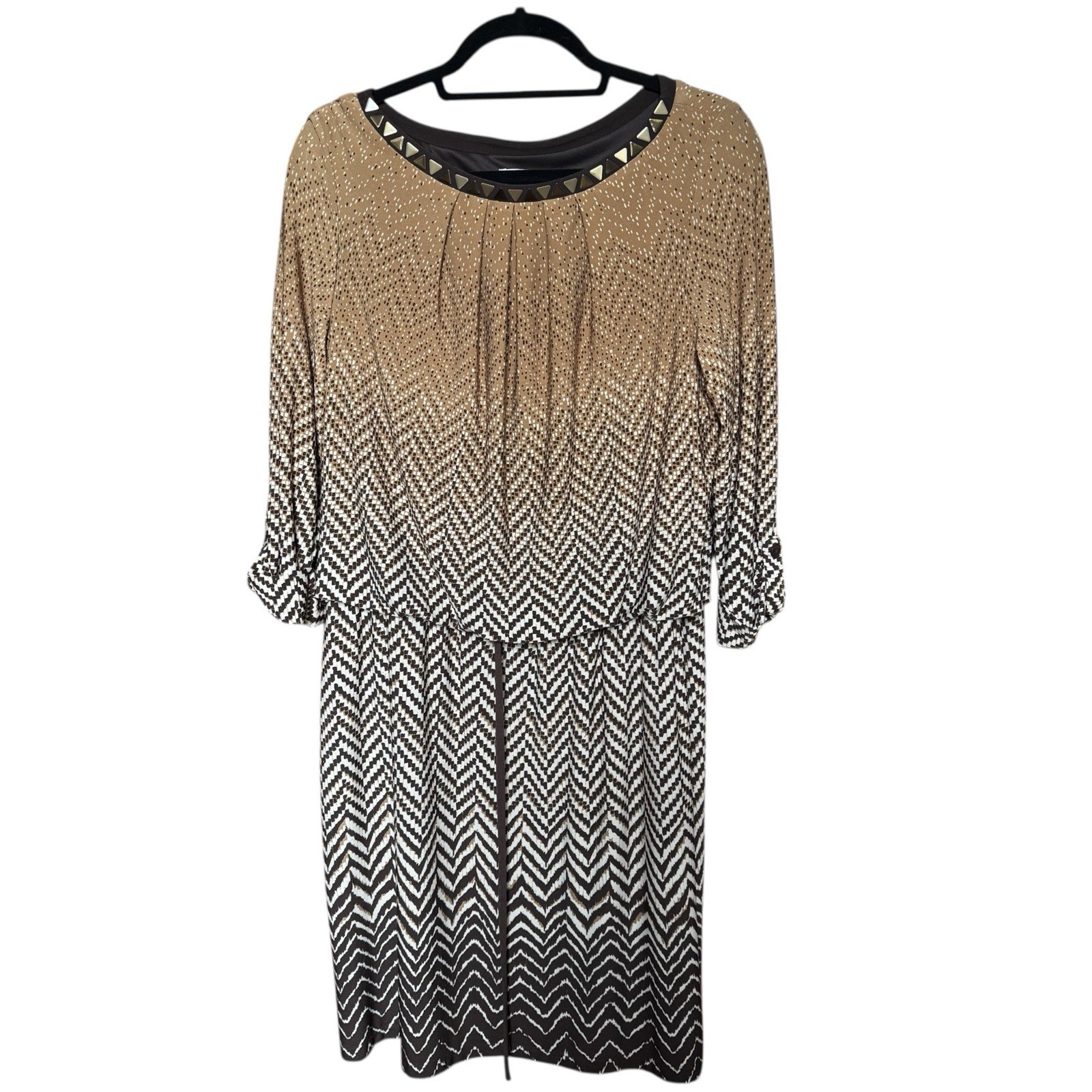 London Times Blouson/Drawstring Shift Dress With 3/4 Buttoned Sleeve,Size 12