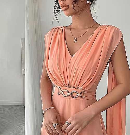 Elegant Chiffon Rushed Puff Sleeve Dress with Buckle Belt