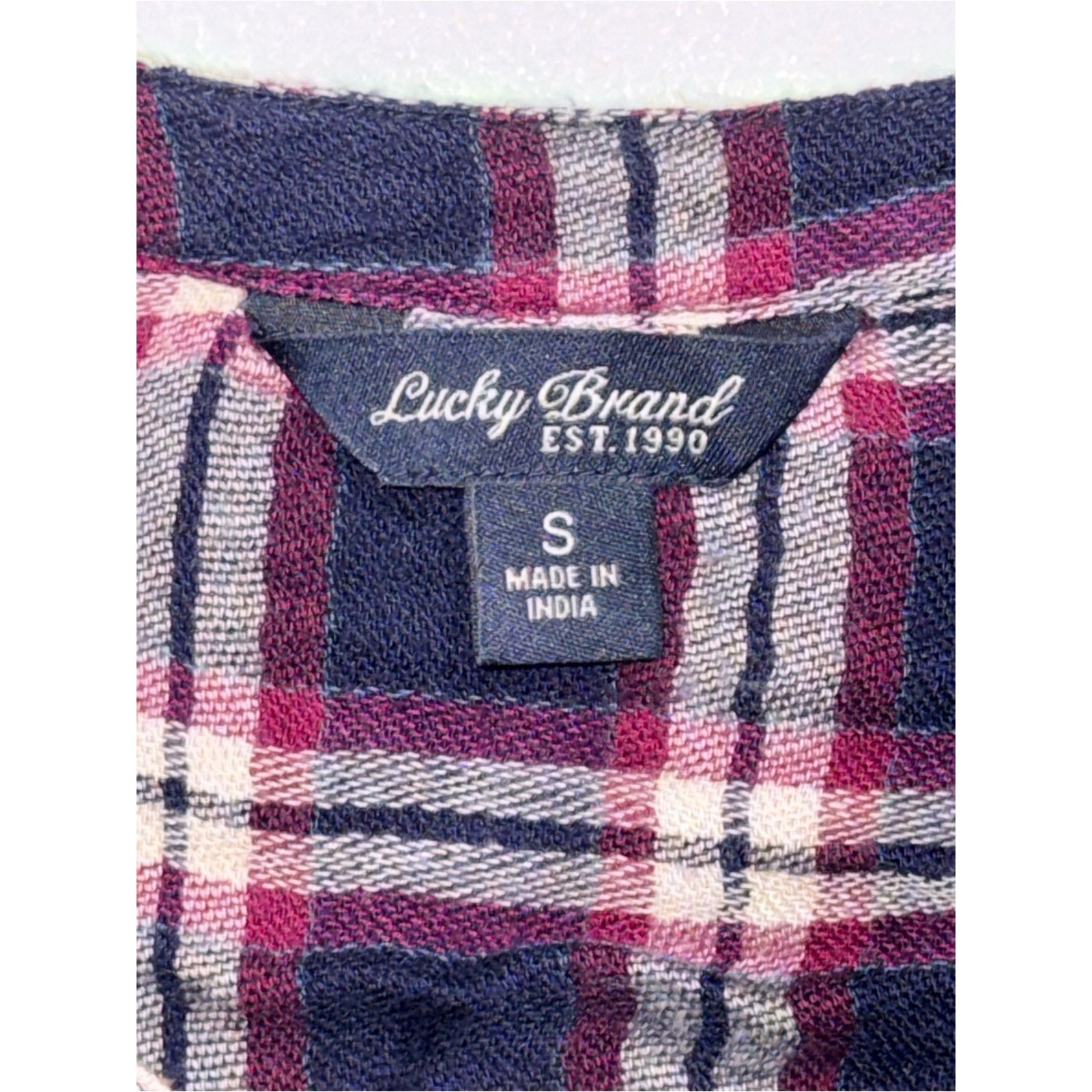 Lucky Brand Bungalow Plaid Drawstring Shirt Dress Navy Magenta Small EUC