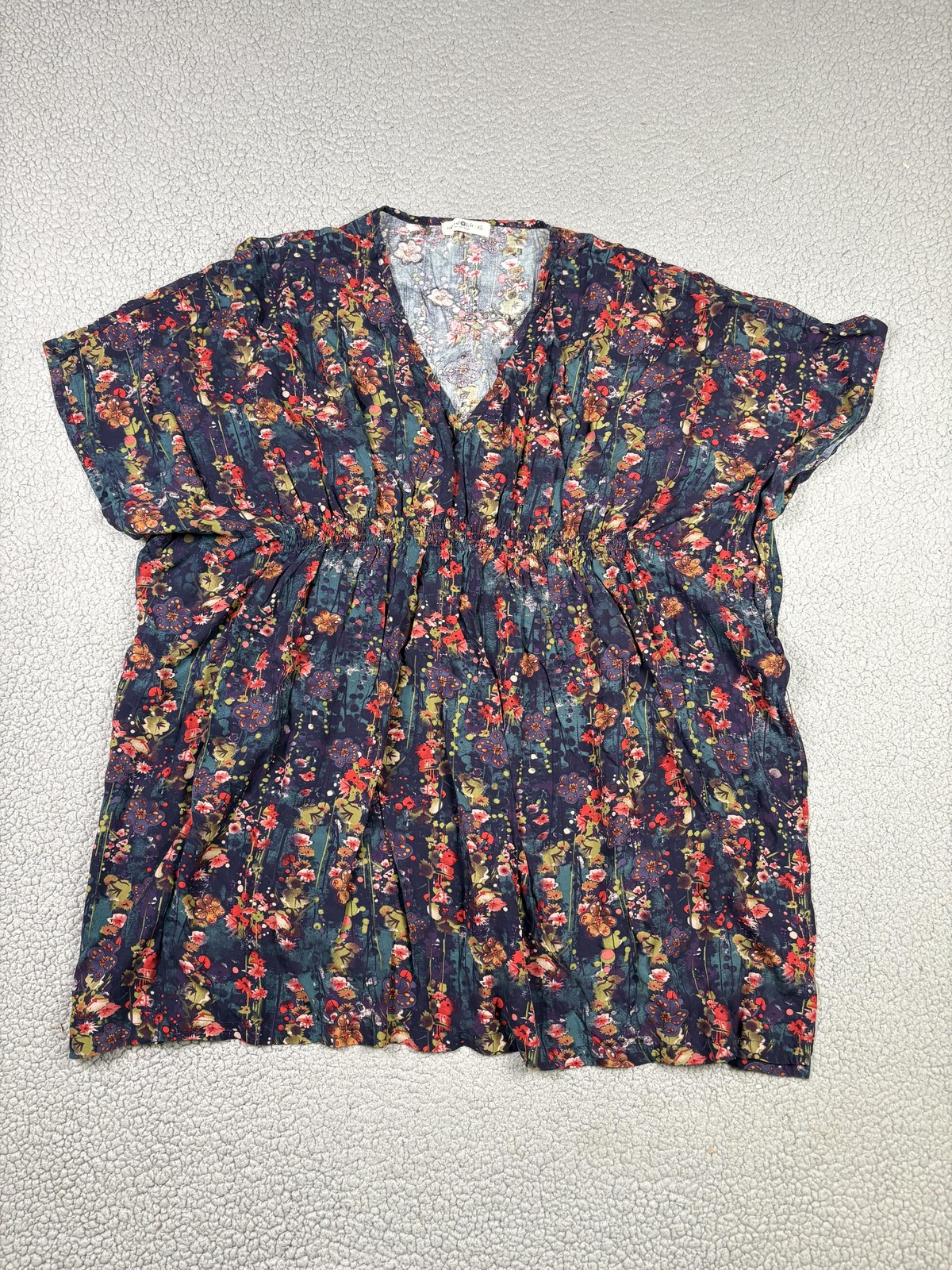 Natural Life Dress Womens XL Multicolor Floral V Neck Smocked Short Sleeve Boho