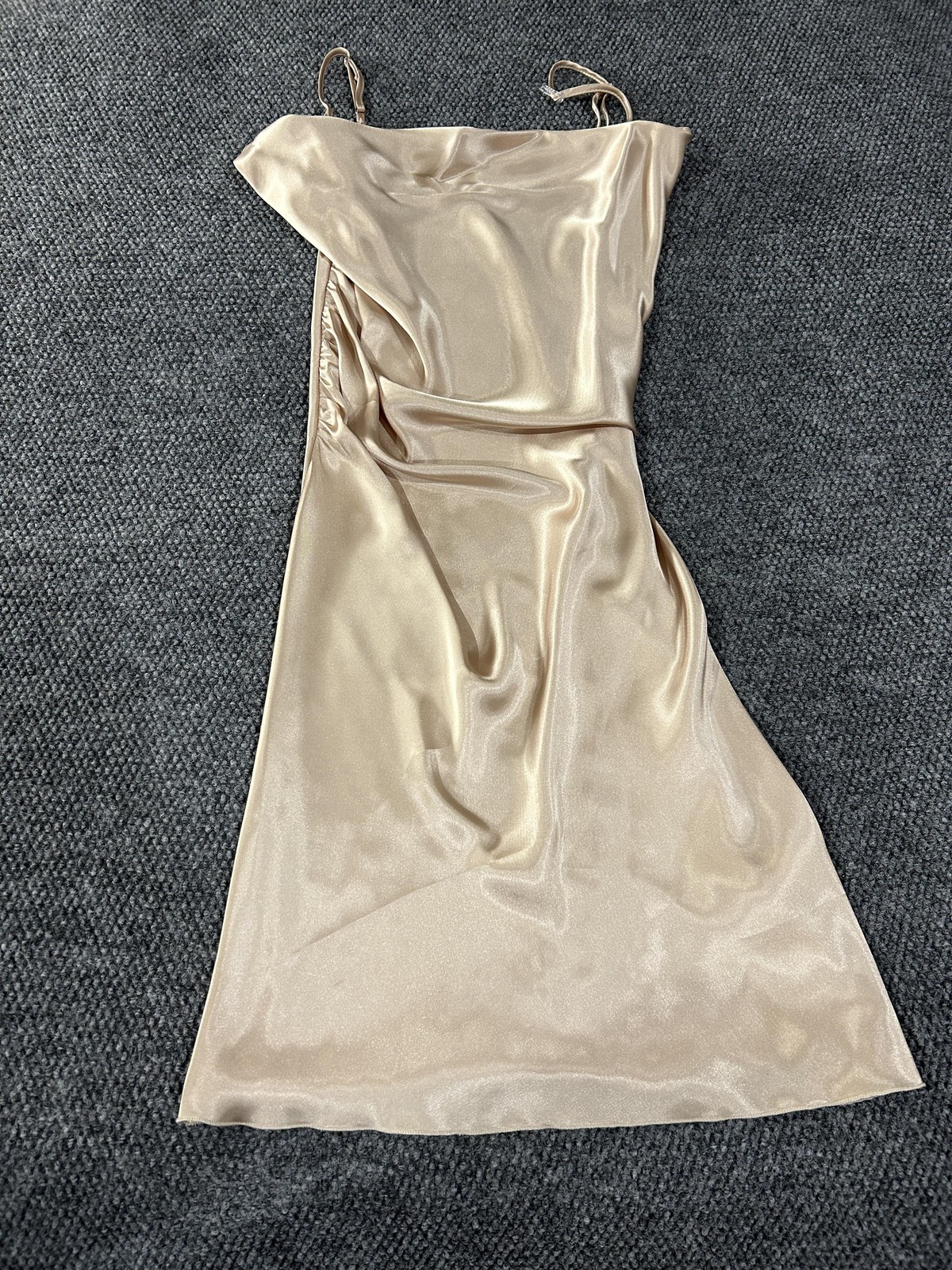 Bebe Dress Womens Large Champagne Satin Cowl Neck Ruched Slip Midi Evening