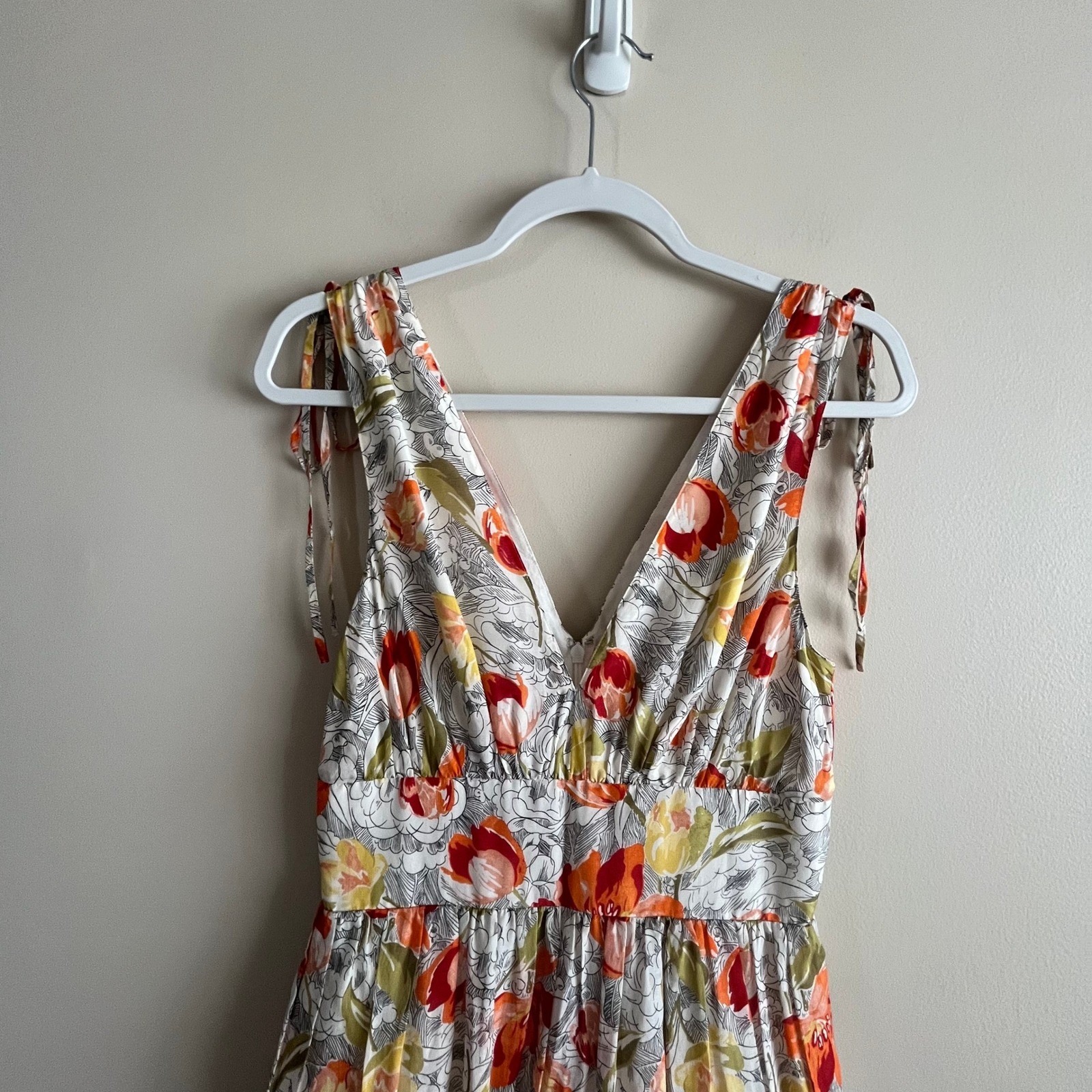 Cinq à Sept floral tiered midi dress 4 cotton silk smocked waist shoulder tie