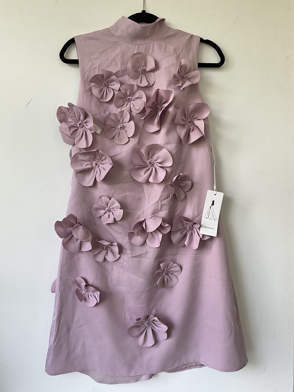 Unbranded 3D Floral Appliqué A-Line Dress Blush Pink Mock Neck Sleeveless