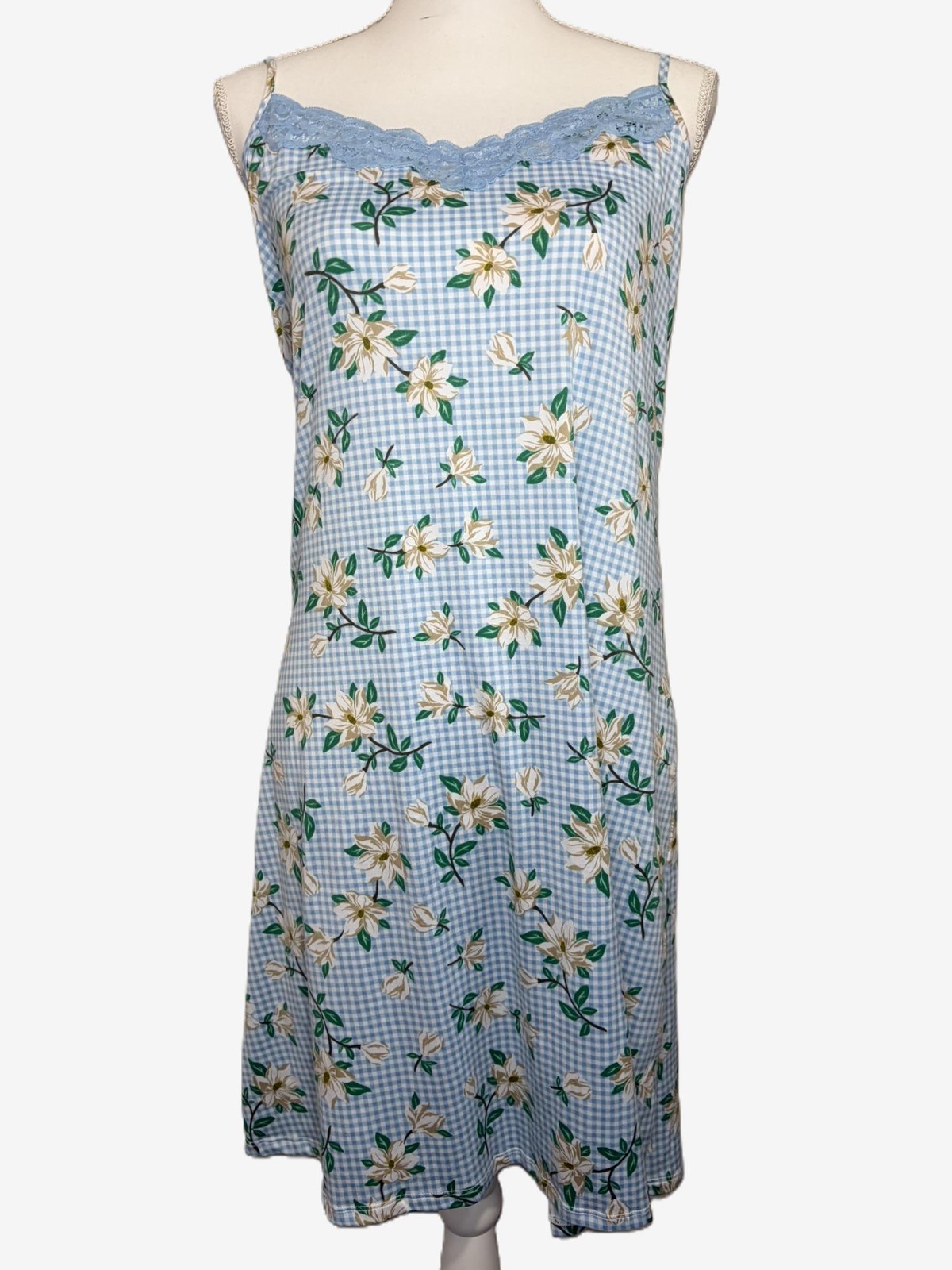 Draper James Dress Womens Medium Blue Gingham Magnolia Floral Southern Preppy