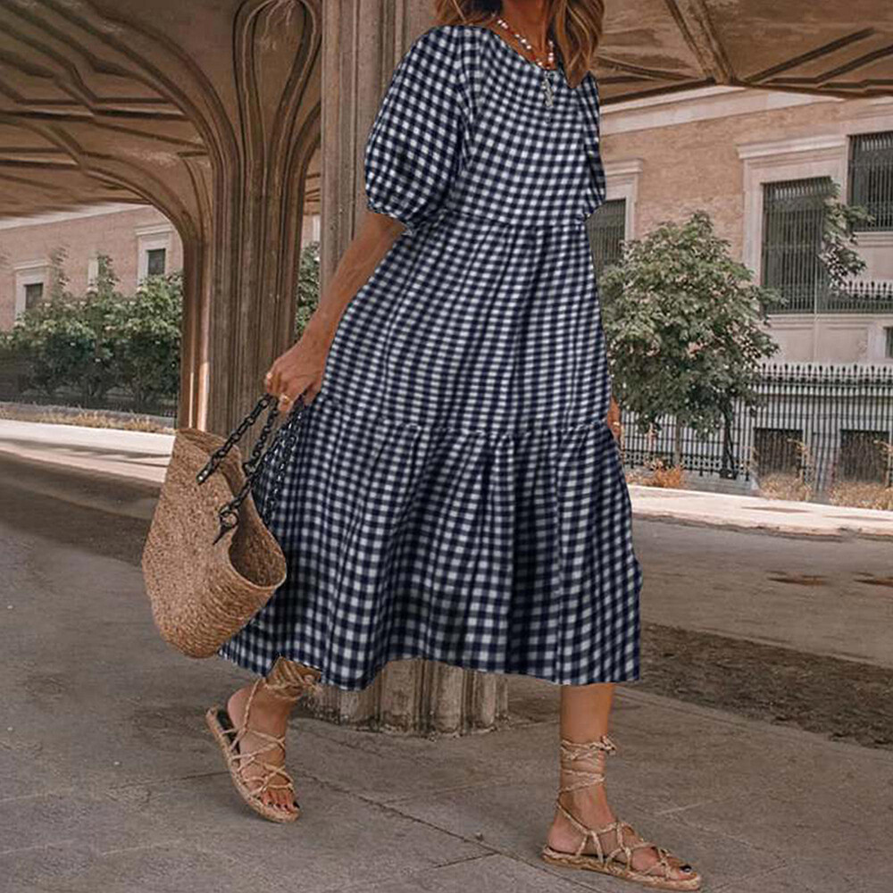 Womens Boho Plaid A-Line Midi Dress Ladies Pleated Loose Holiday Beach Sundress