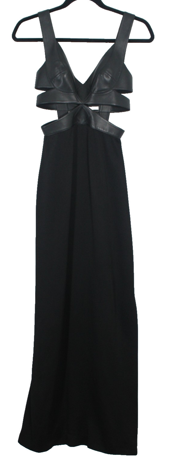 ALAIA $4,900 Fall 2021 Black Hammered Satin & Leather Cut-Out Evening Gown 34