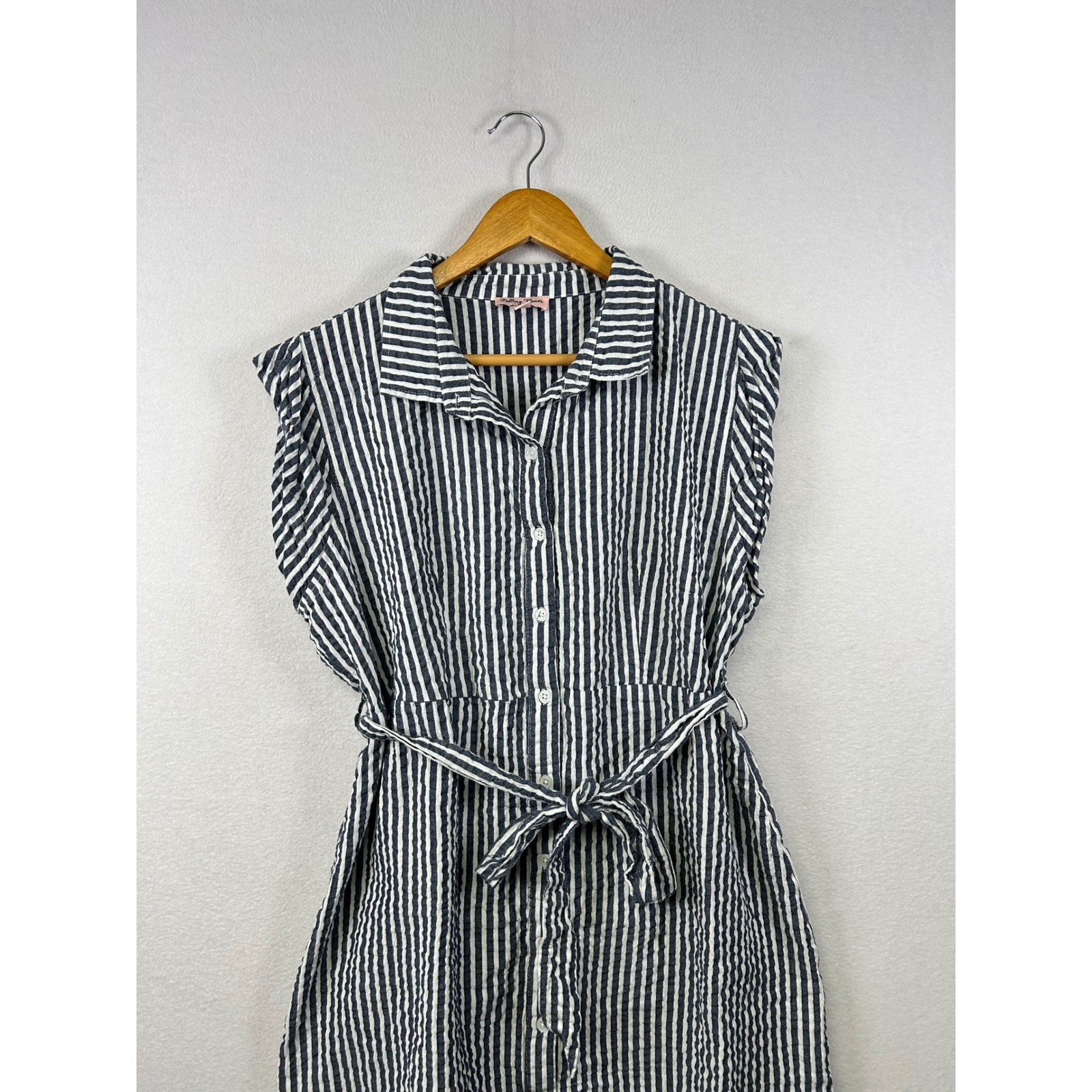Falling Flower Striped Seersucker Button Front Shirt Dress Belted Size L