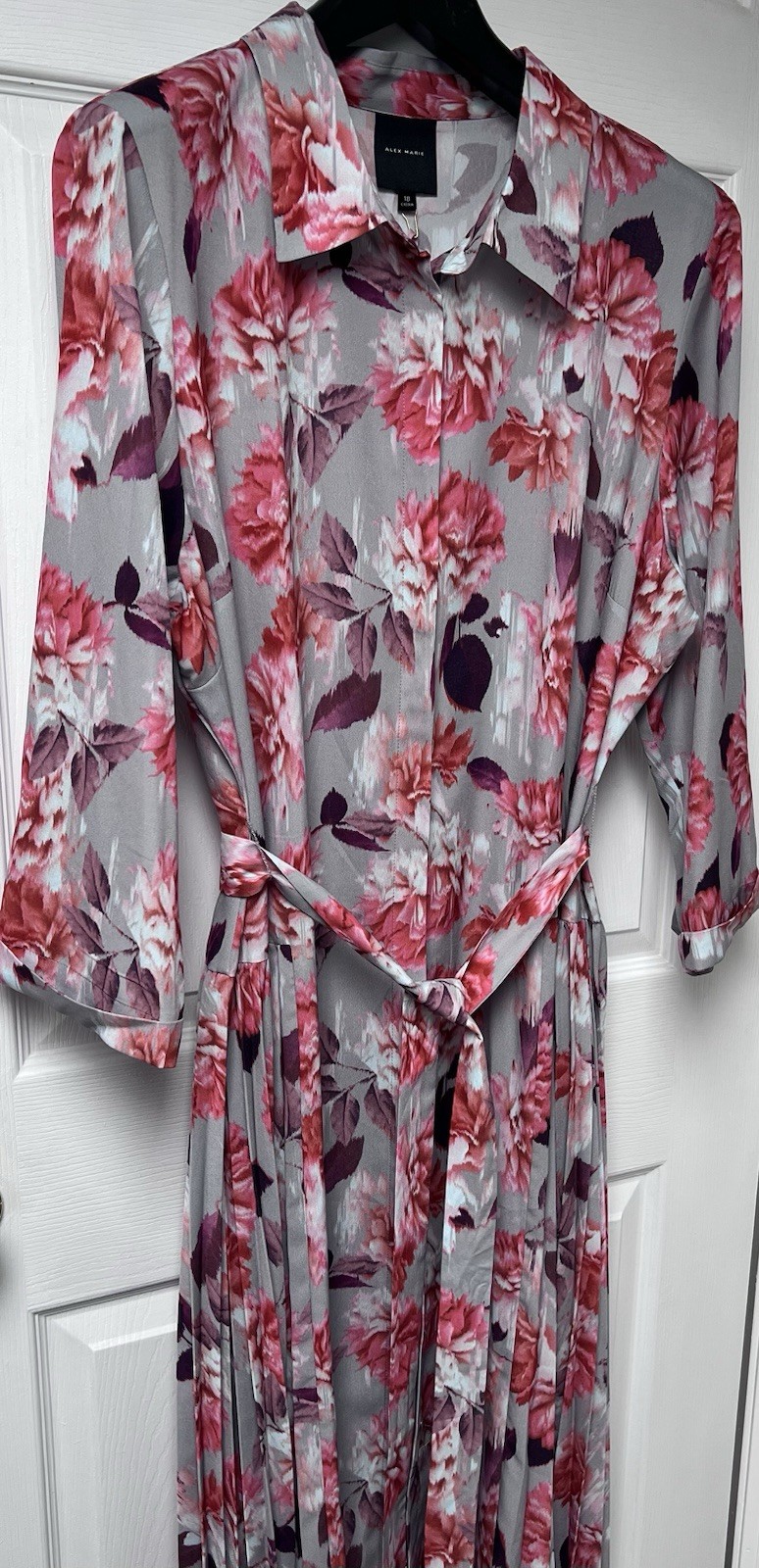 Alex Marie Women’s Pink Gray White Floral 3/4 Sleeve Pleated Shirt Dress NWT 18