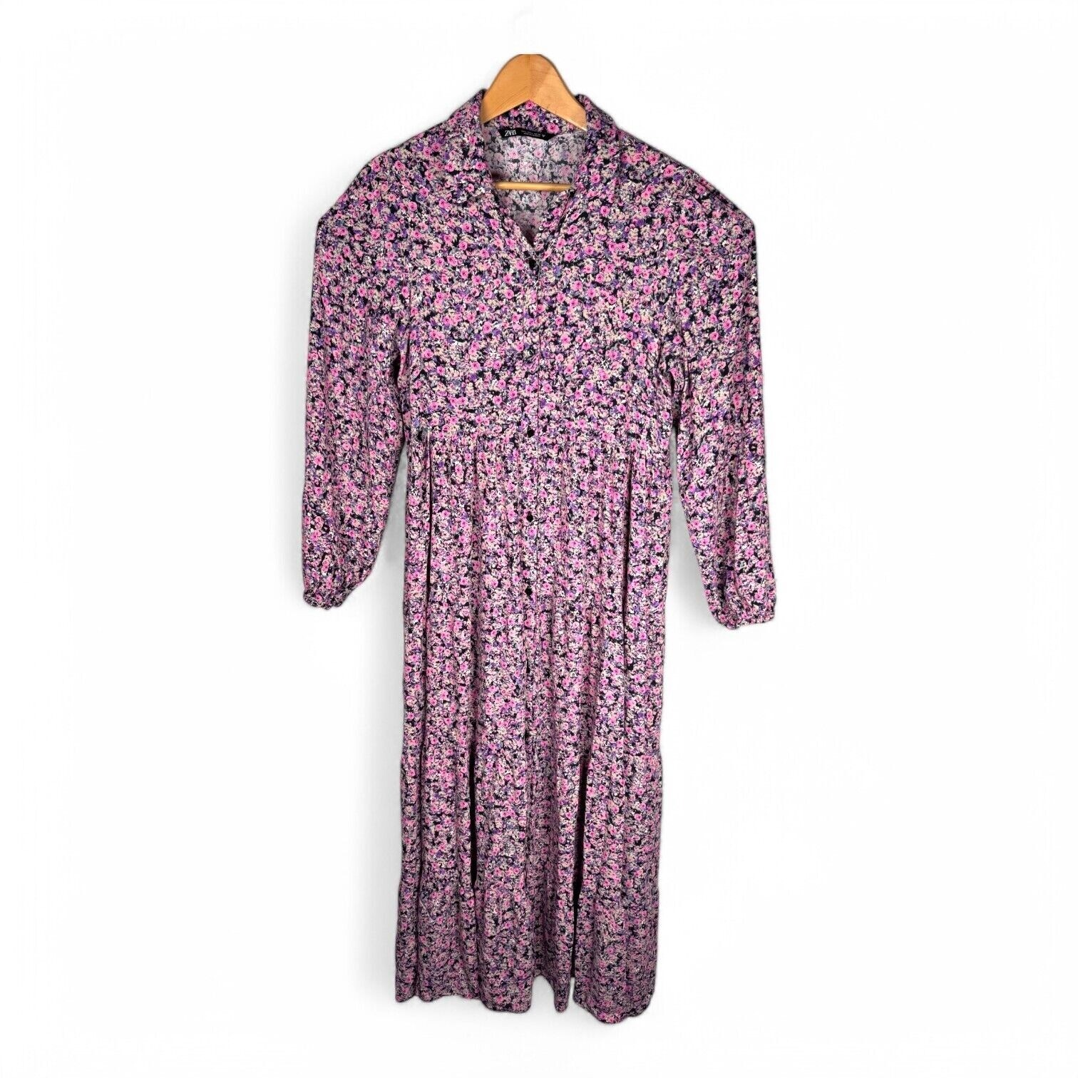 ZARA Womens Large Dress Ditsy Floral Maxi Length Tiered Button Front Boho Easter