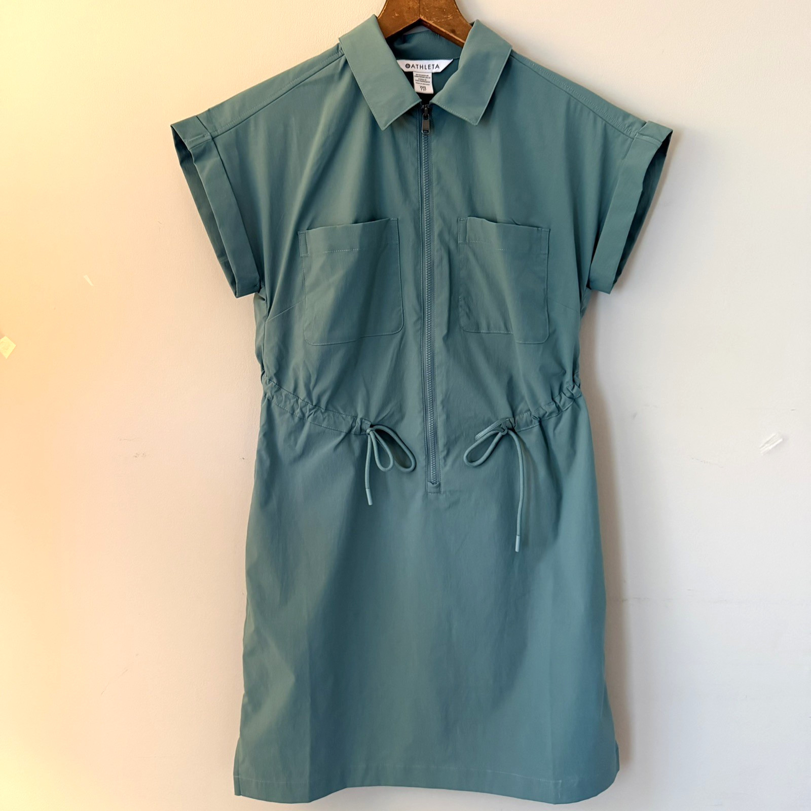 Athleta Topspin Dress XXS Deep Ocean Teal Green Travel Zip Drawstring Pockets