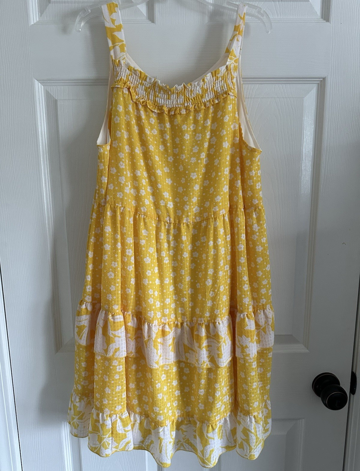Cato Dress Size L Yellow White Floral V-Neck Strappy Ruffle Lined Knee