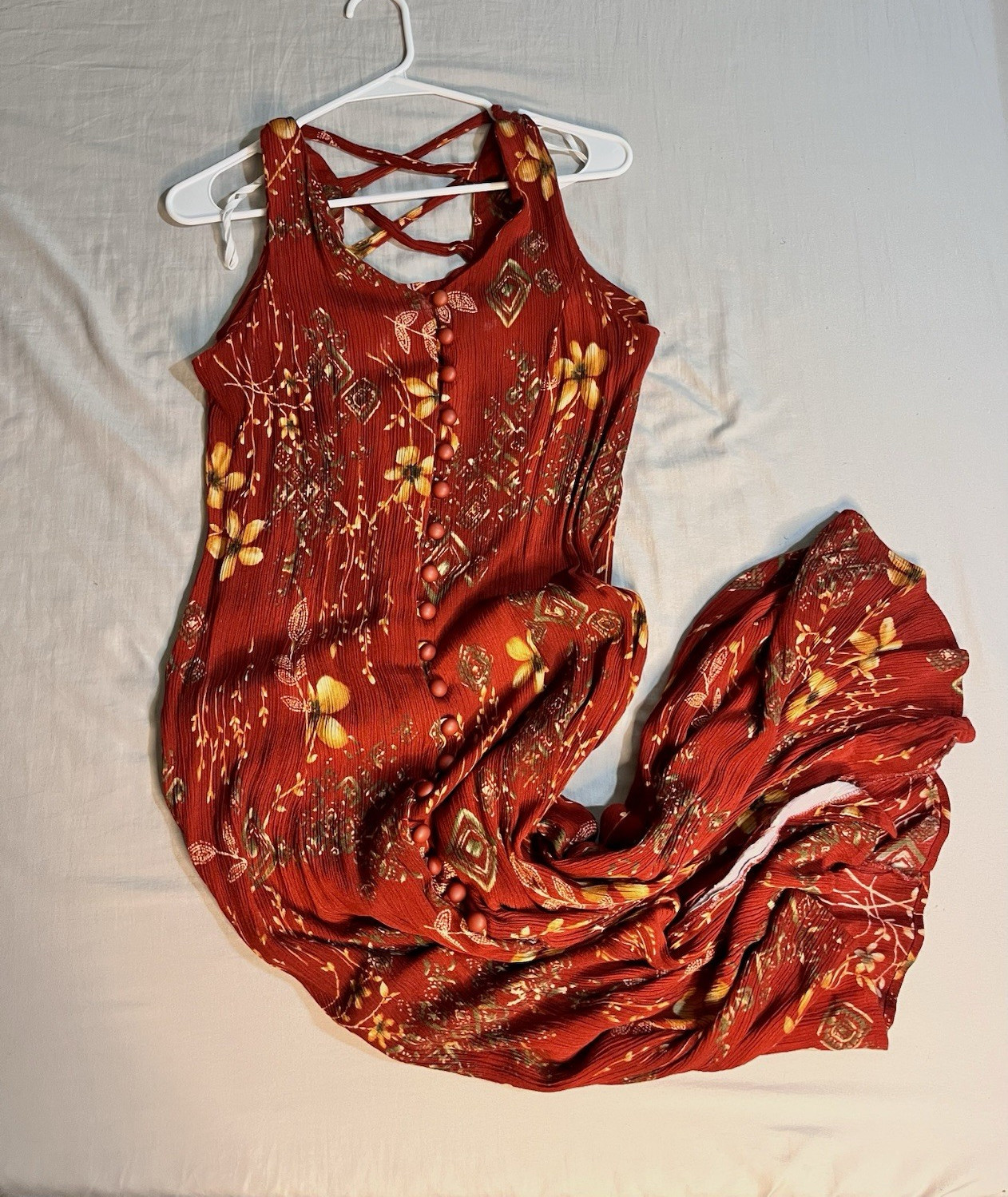 Dawn Joy Fashions Red Yellow Floral Sleeveless Button Maxi Dress Rayon 13/14