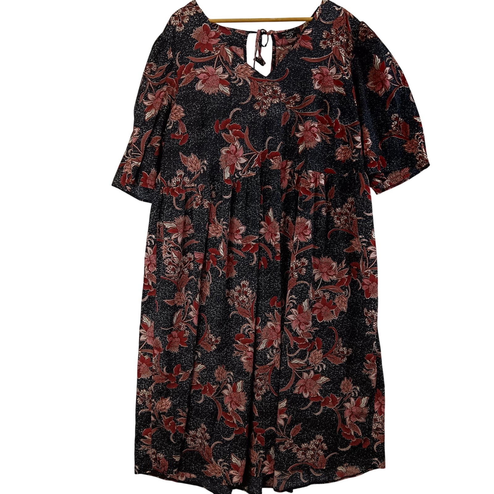 New Look Curves Floral Midi Dress UK 20 Women’s Black Red Preloved