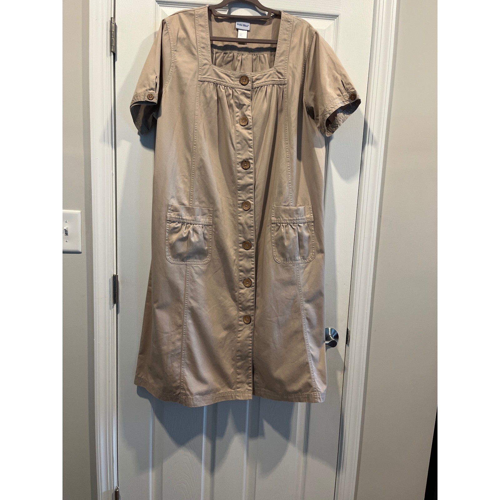 Vicki Blue Khaki Cotton Button Front House Dress Duster Pockets Tan 2X P10262