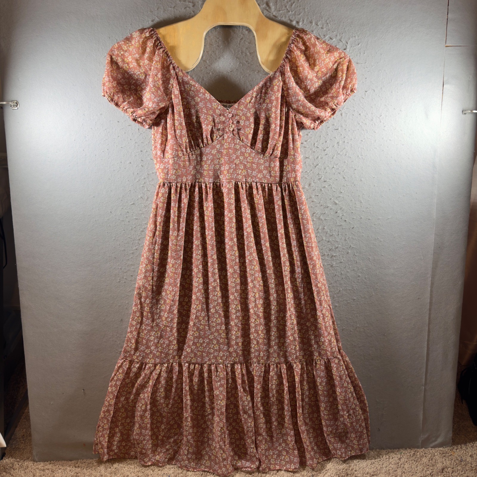 1594 | NWT Mimi Chica Cottagecore Floral Puff Sleeve Midi Dress Pink Women L