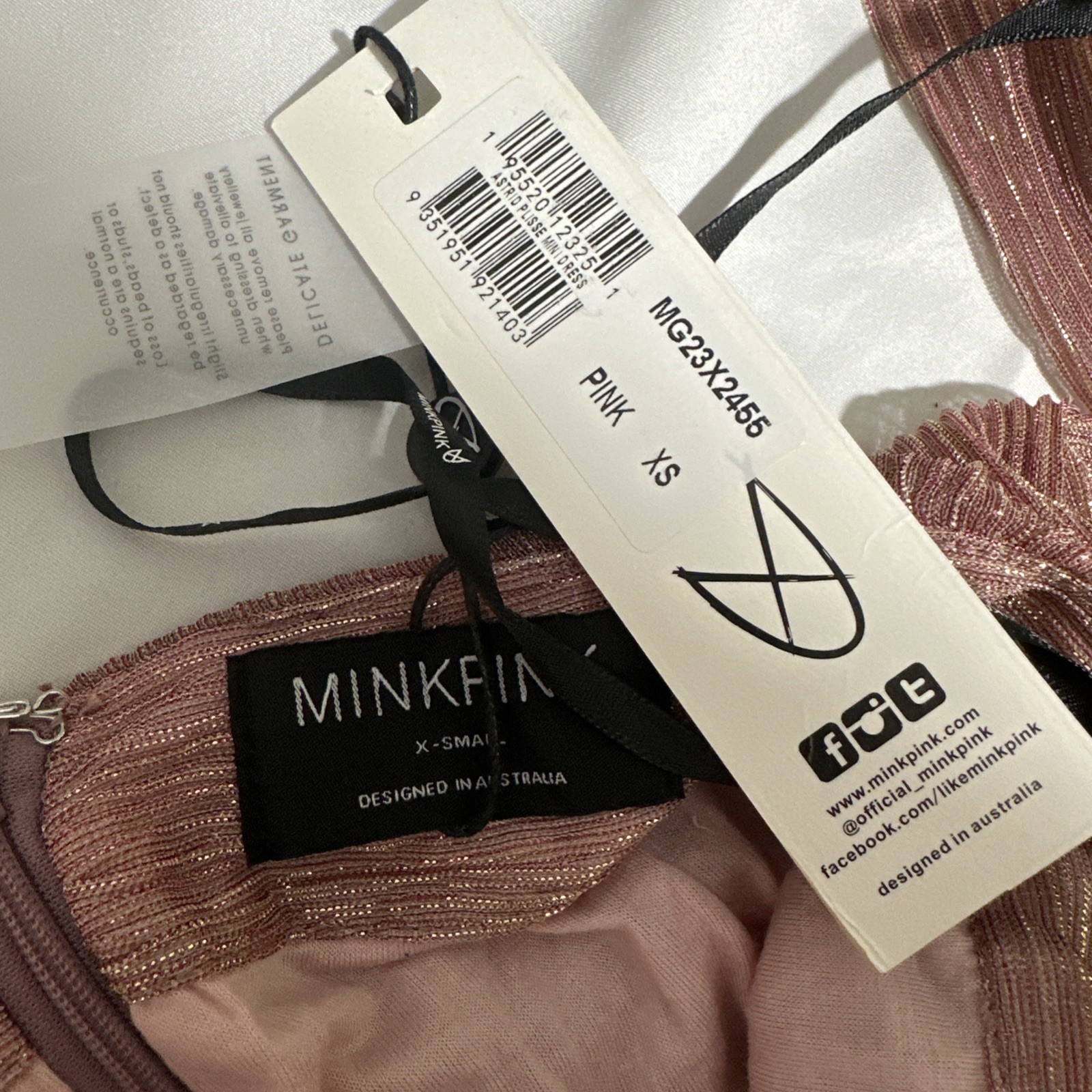 NWT $159 MINKPINK [ XS ] Astrid Plisse Tie Back Mini Dress Pink Metallic U1466