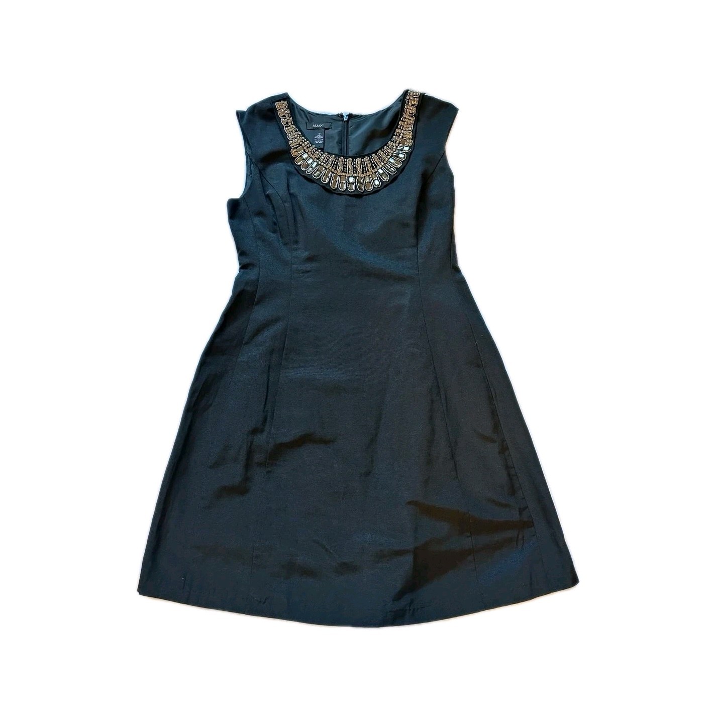 Alfani Black Beaded Sleeveless A-Line Dress 10 Woven Cotton Blend Round Neck