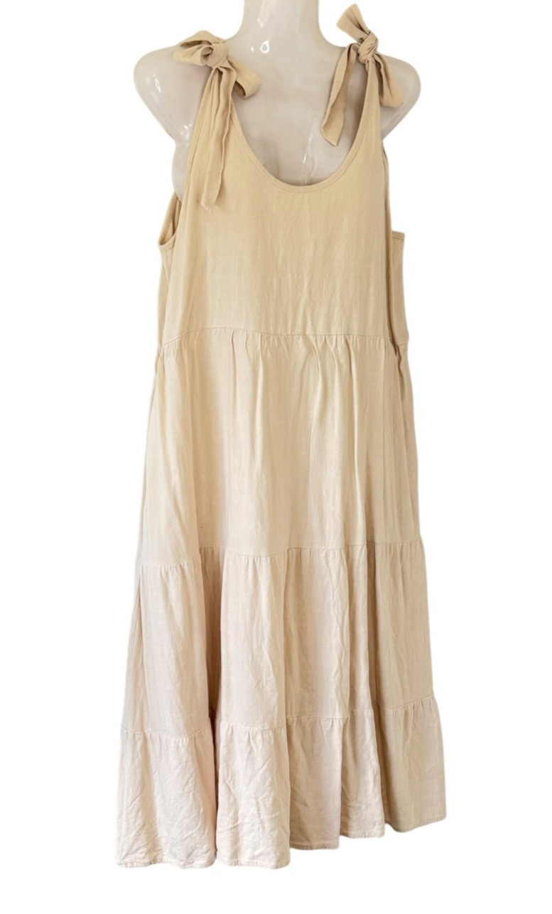 Chou Yatou Linen Blend Peasant Sundress Tiered Neutral Ties at Shoulders Size L