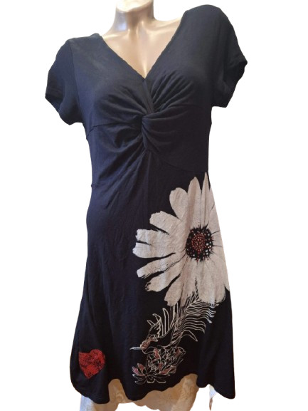 Desigual Daisy Flower Sequin Heart Twist Dress Black Viscose Embroidered Logo M