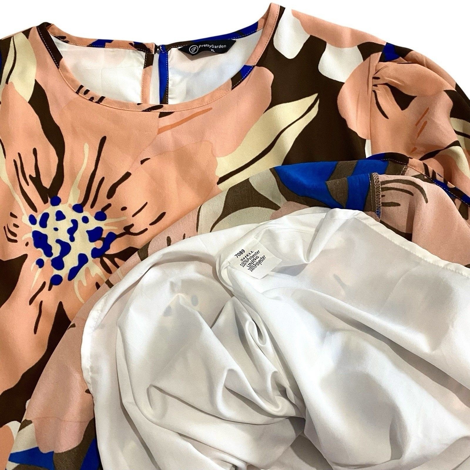 Pretty Garden Midi Dress Womens XL Short Sleeve Floral Brown Blue Orange Cream