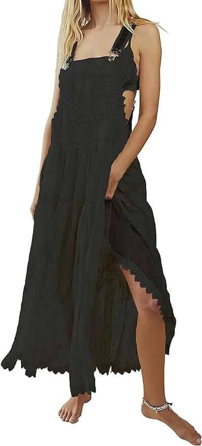 Women’s Laced Embroidered Tulle Bib Dress Casual Loose Adjustable Straps Maxi