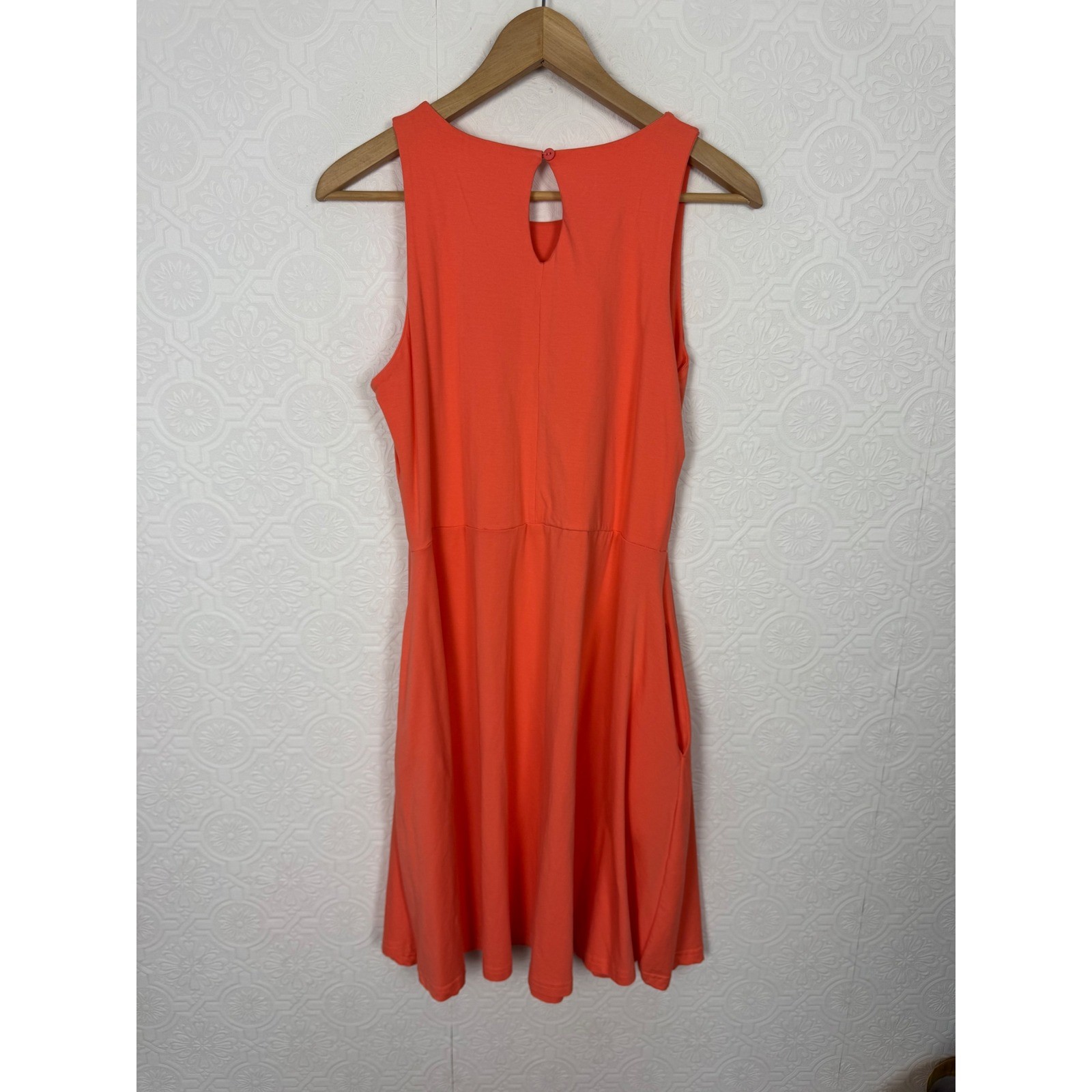 Pact Organic Cotton Fit and Flare Dress Coral Orange Sleeveless Pockets Large