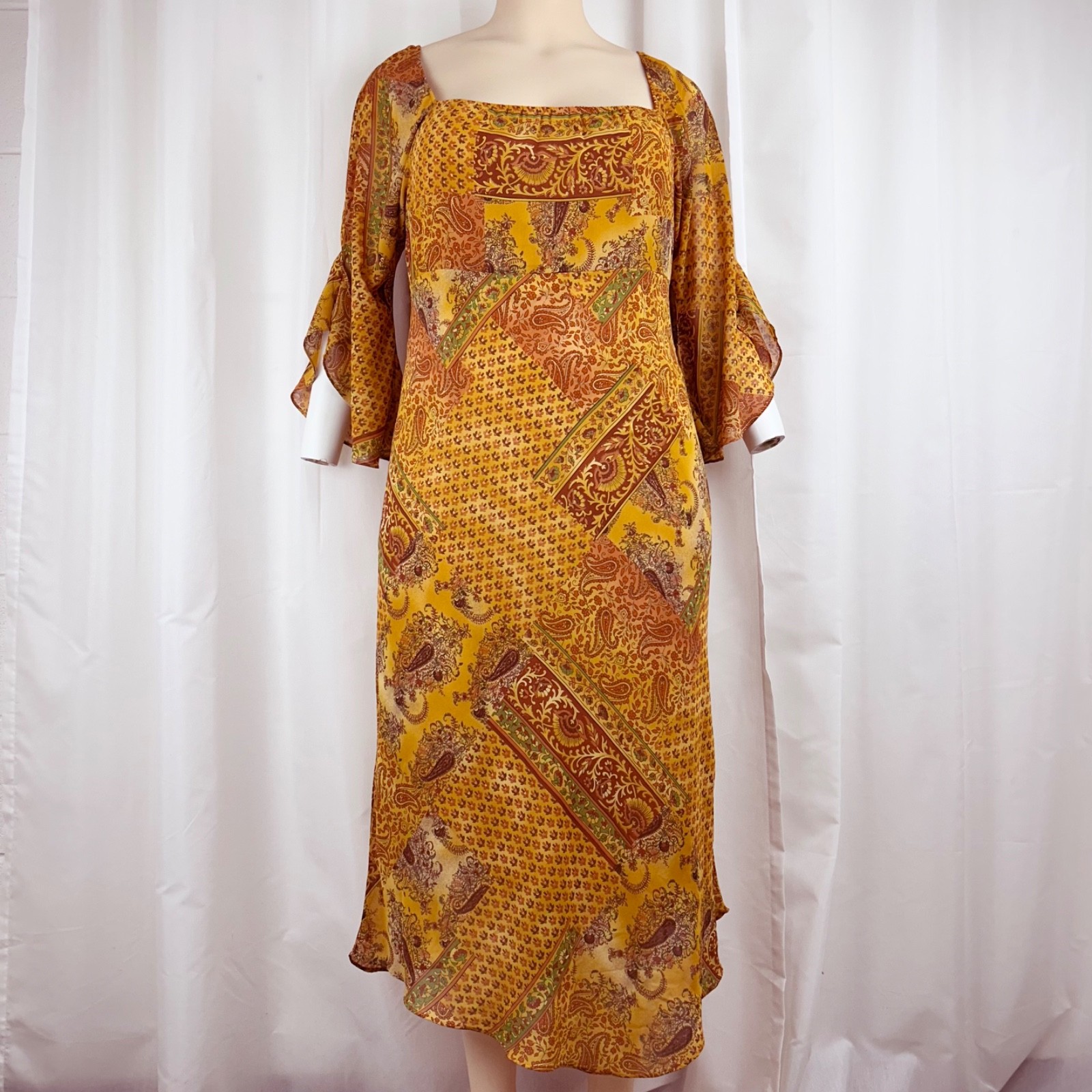 Vintage Y2K Ashley Stewart Patchwork Paisley/Sari Print Dress Gold-Yellow 16