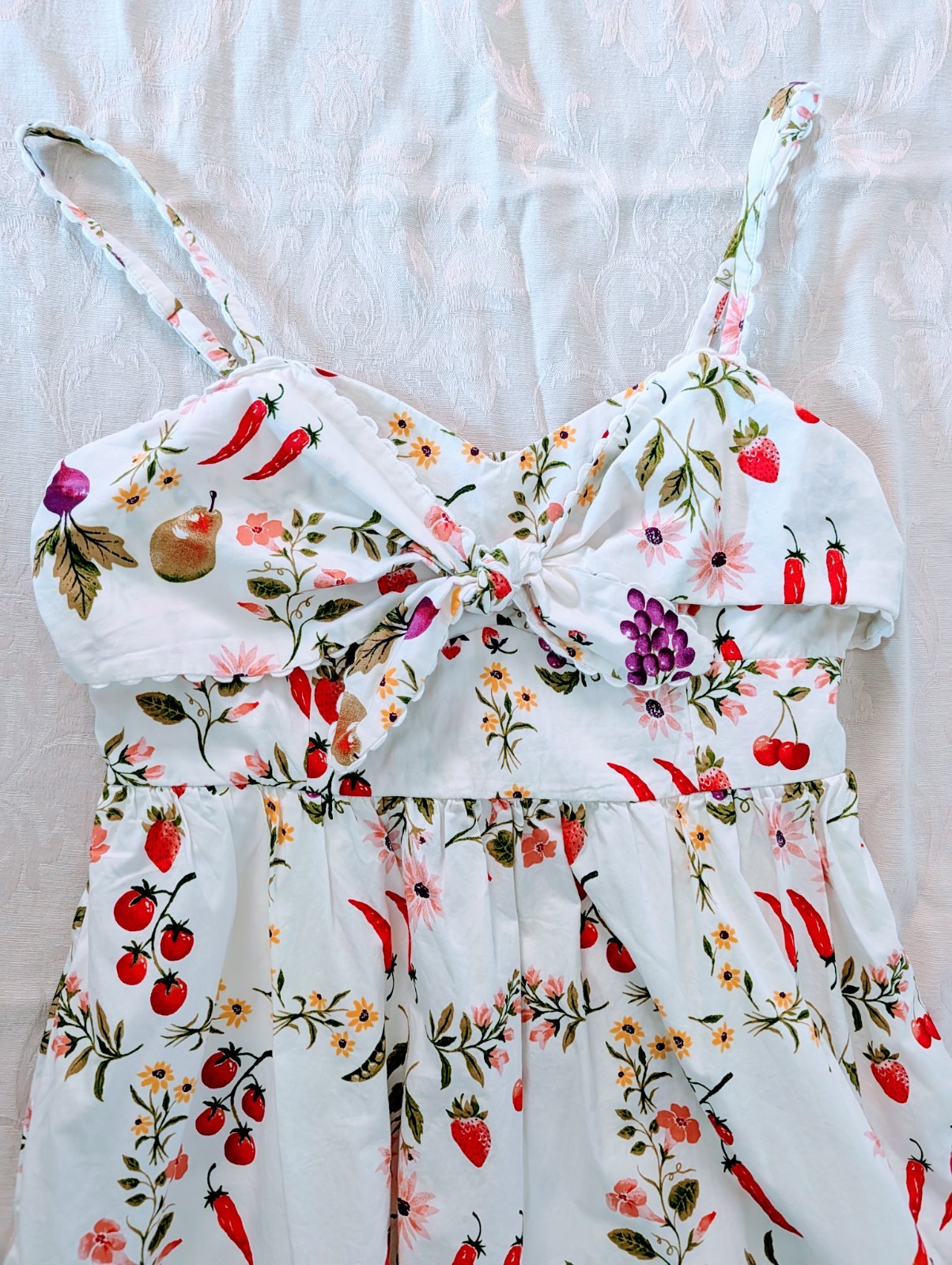 Old Navy Fit & Flare White Fruit Floral Midi Dress Tie Front Pockets Small NWOT