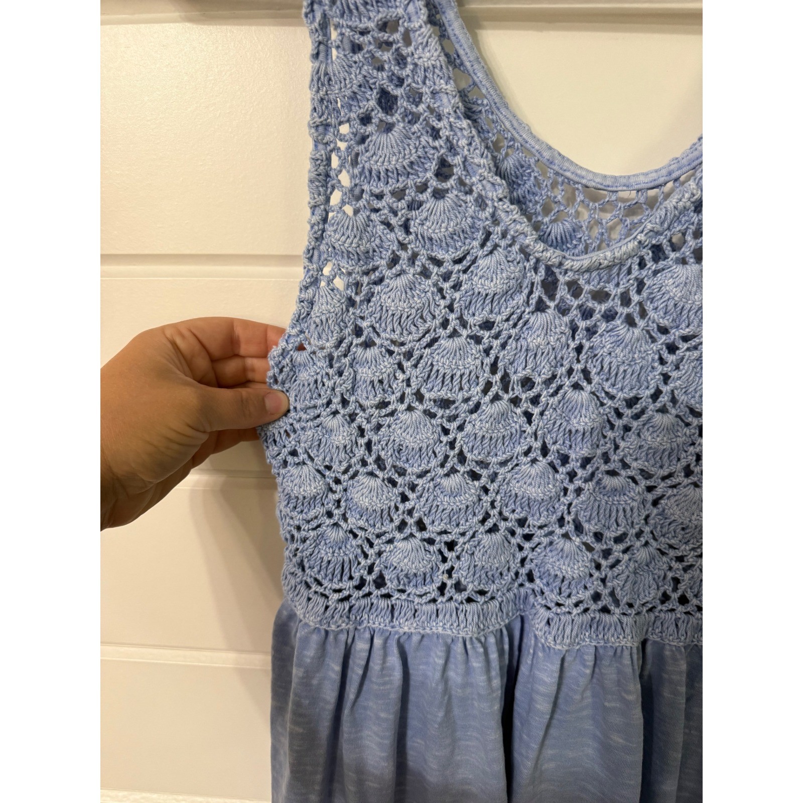 Aerie Crochet Maxi Dress Ocean Sky Blue Cotton Boho Sleeveless Pockets Large