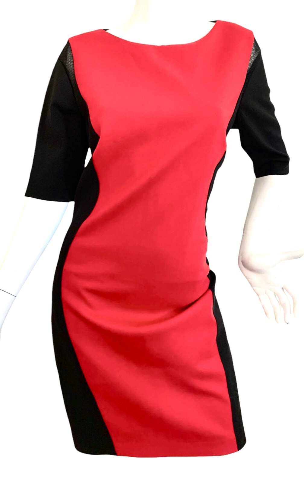 {TAHARI} Dress Sheath Sz. 12 Color-Block Red/Black Mesh Sleeve Stretch Lined
