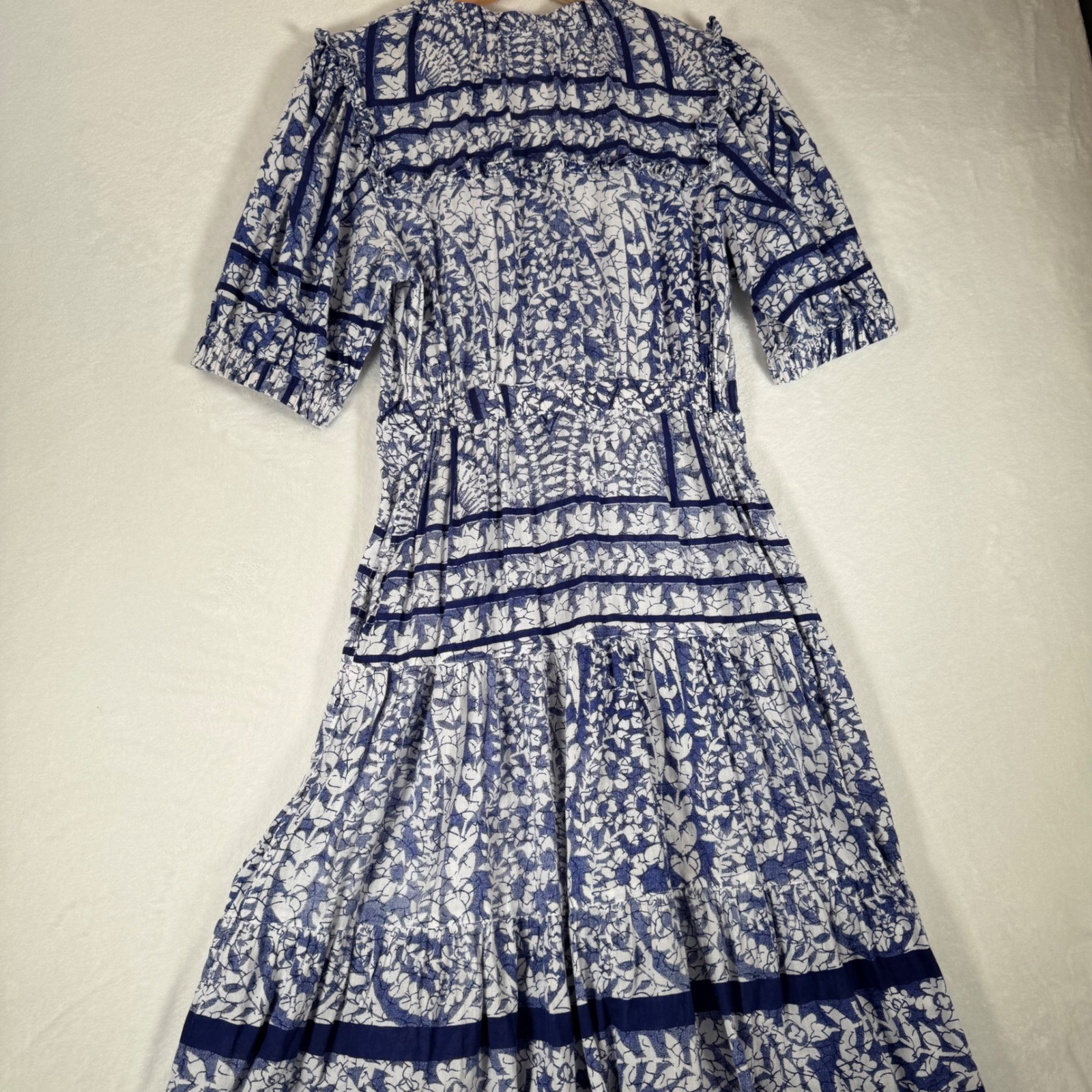 Lola Australia Blue White Floral Cotton Tiered Midi Dress Womens Small Boho Puff
