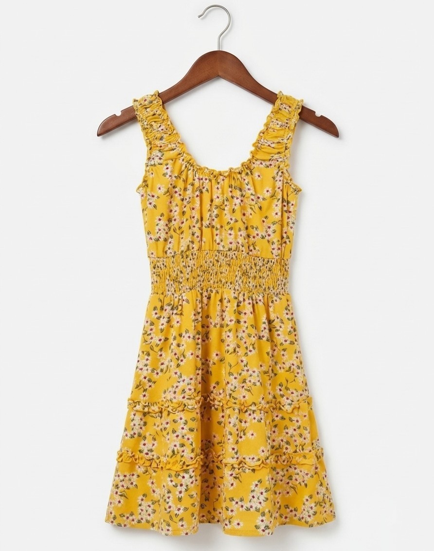 No Boundaries yellow daisy floral Cottagecore tiered Sundress small 3-5