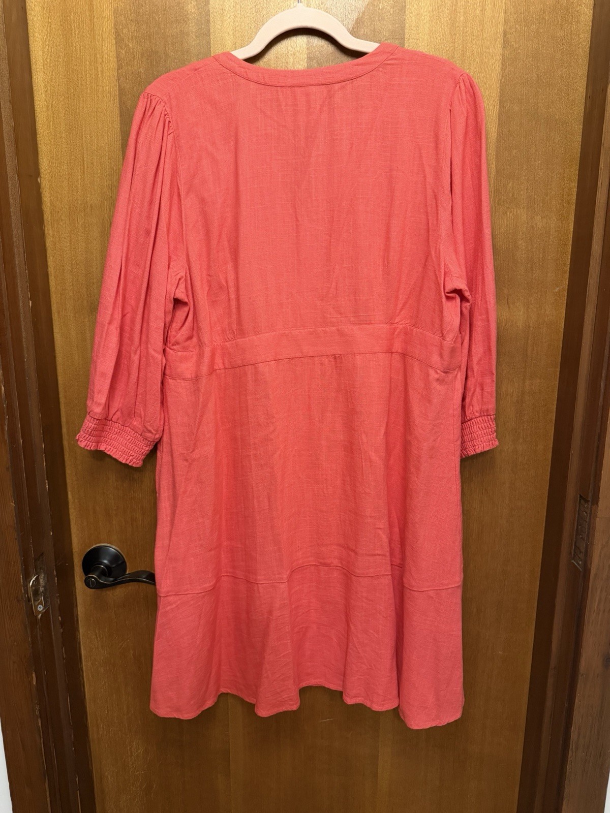 J. Jill Coral Pink Solid Woven Fit & Flare Knee Dress Petites L Button V-Neck