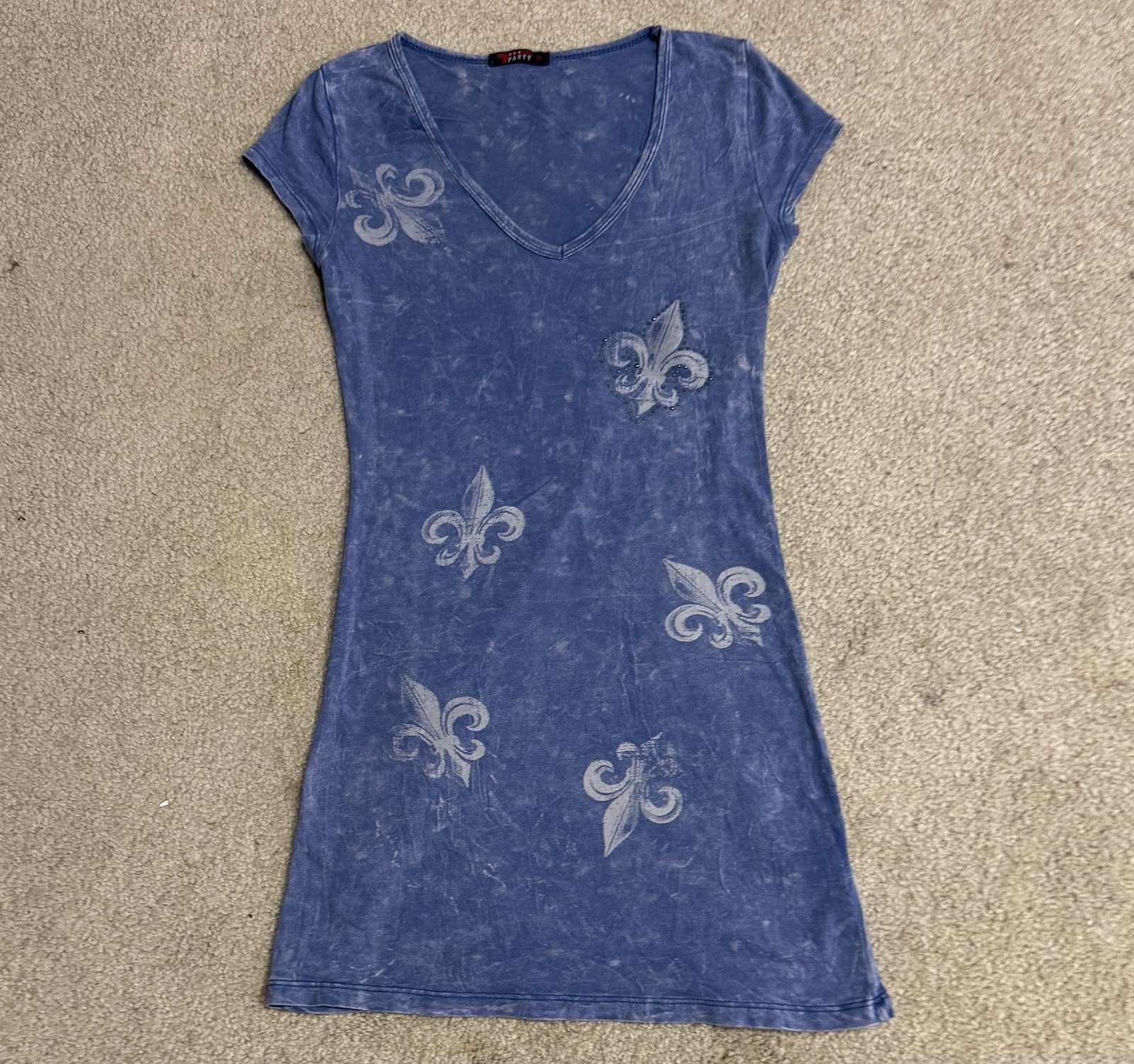 T Party Fleur De Lis Mini Dress Acid Wash Blue Grunge Gothic Rocker Tattoo Y2K S