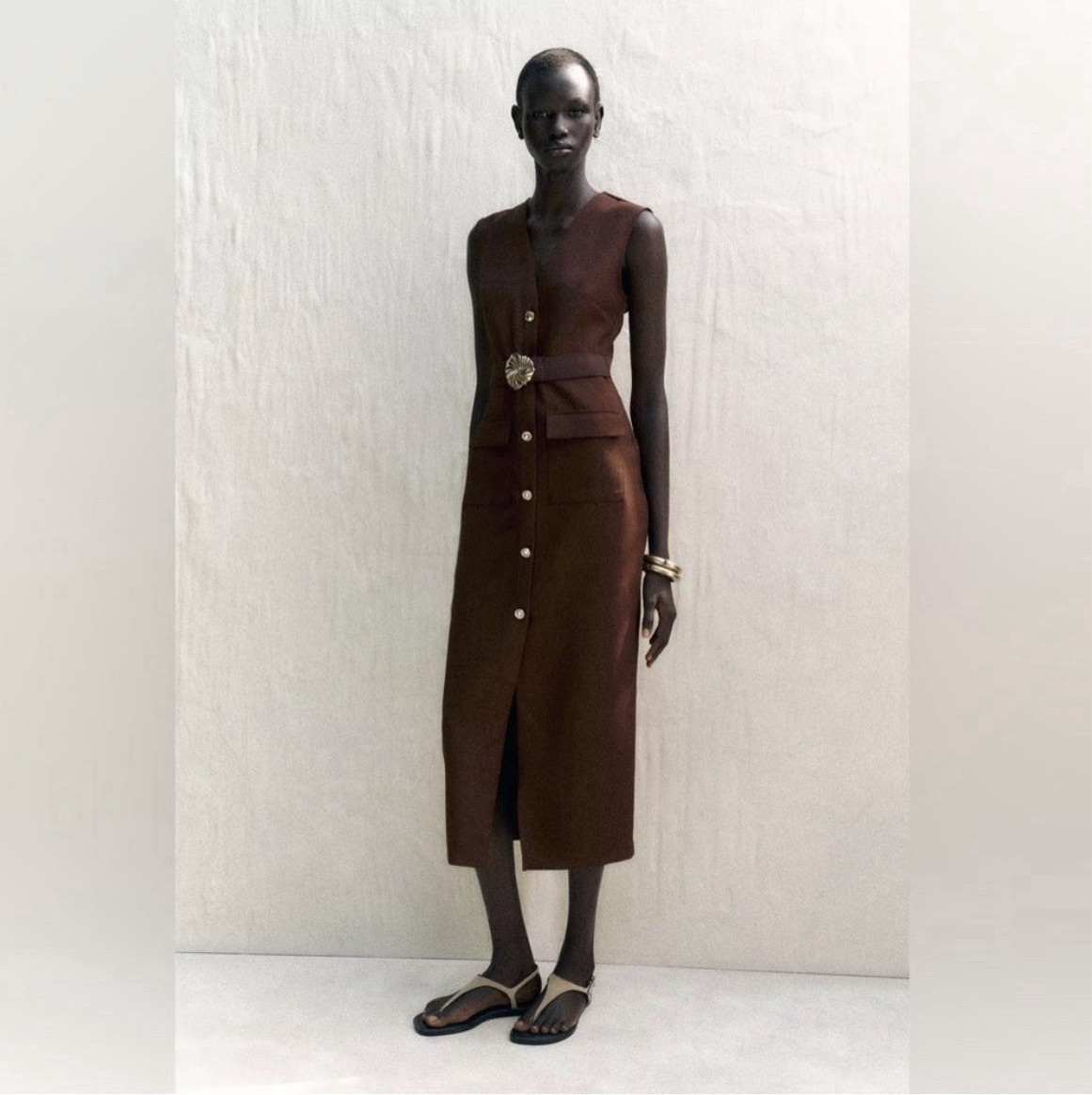 Women’s Brown Shift Dress Sleeveless V-Neck Button Front Pockets Solid Midi S