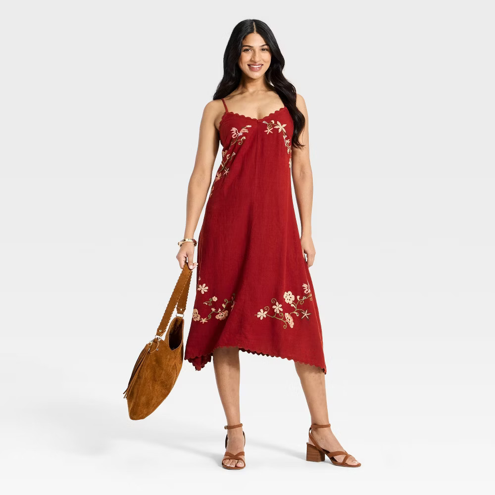 Women Linen Embroidered Midi High Low Dress – Universal