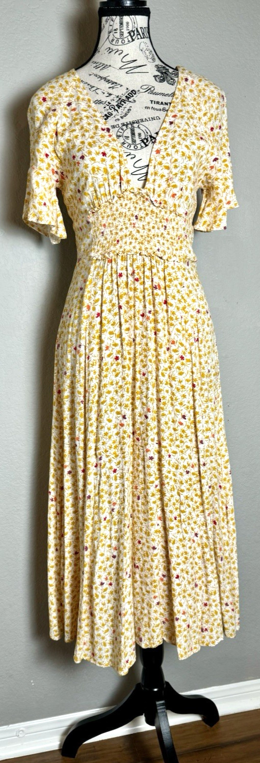 Free People in Full Bloom Floral Midi Dress Yellow Ivory Cottagecore XS Boho