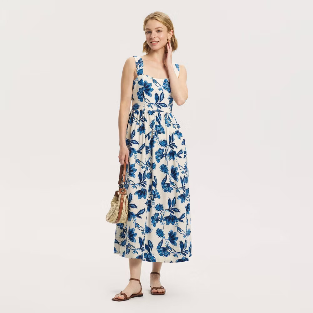 Women Wide Straps Midi A-Line Dress – A New Day White Floral